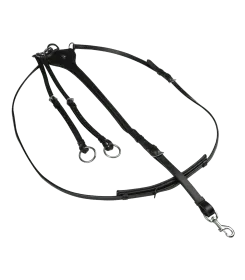 Schwarzes Lauffergestell aus Leder mit verstellbaren Riemen und Metallringen
