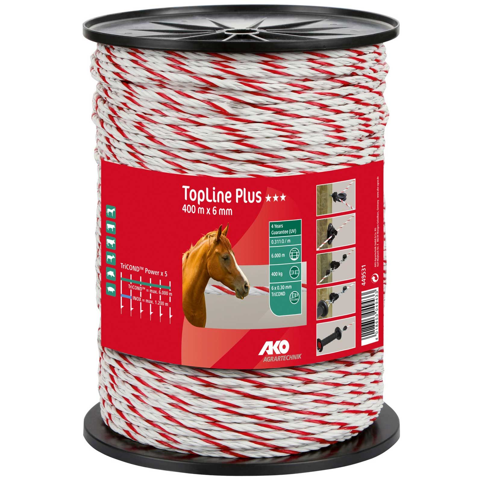 Corde de clôture électrique AKO TopLine Plus TriCOND Ø 6 mm, blanc-rouge, 400 m