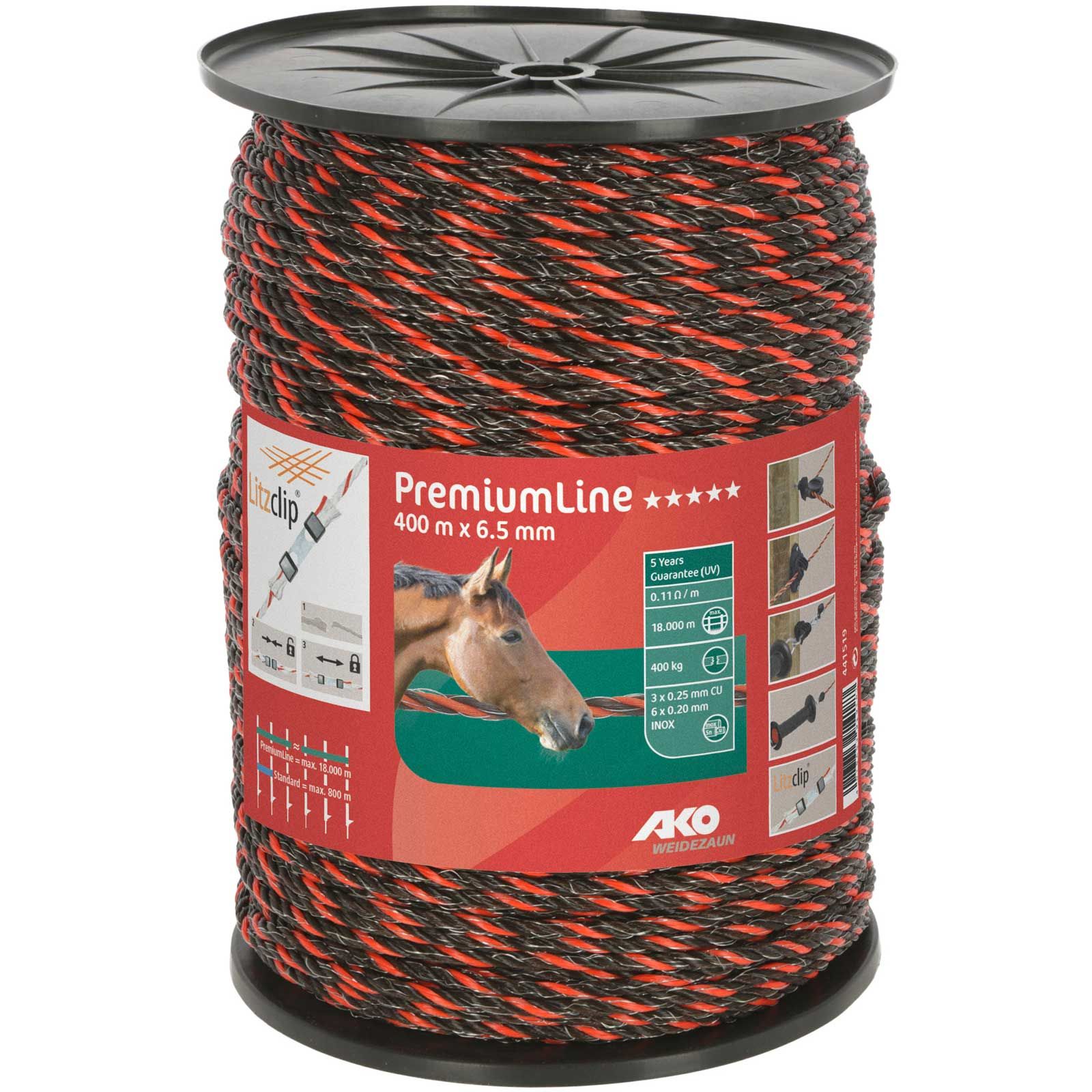 Corde de clôture électrique AKO PremiumLine 400m, Ø 6,5mm, 6x0.20 Niro + 3x0.25 cuivre, orange-marron