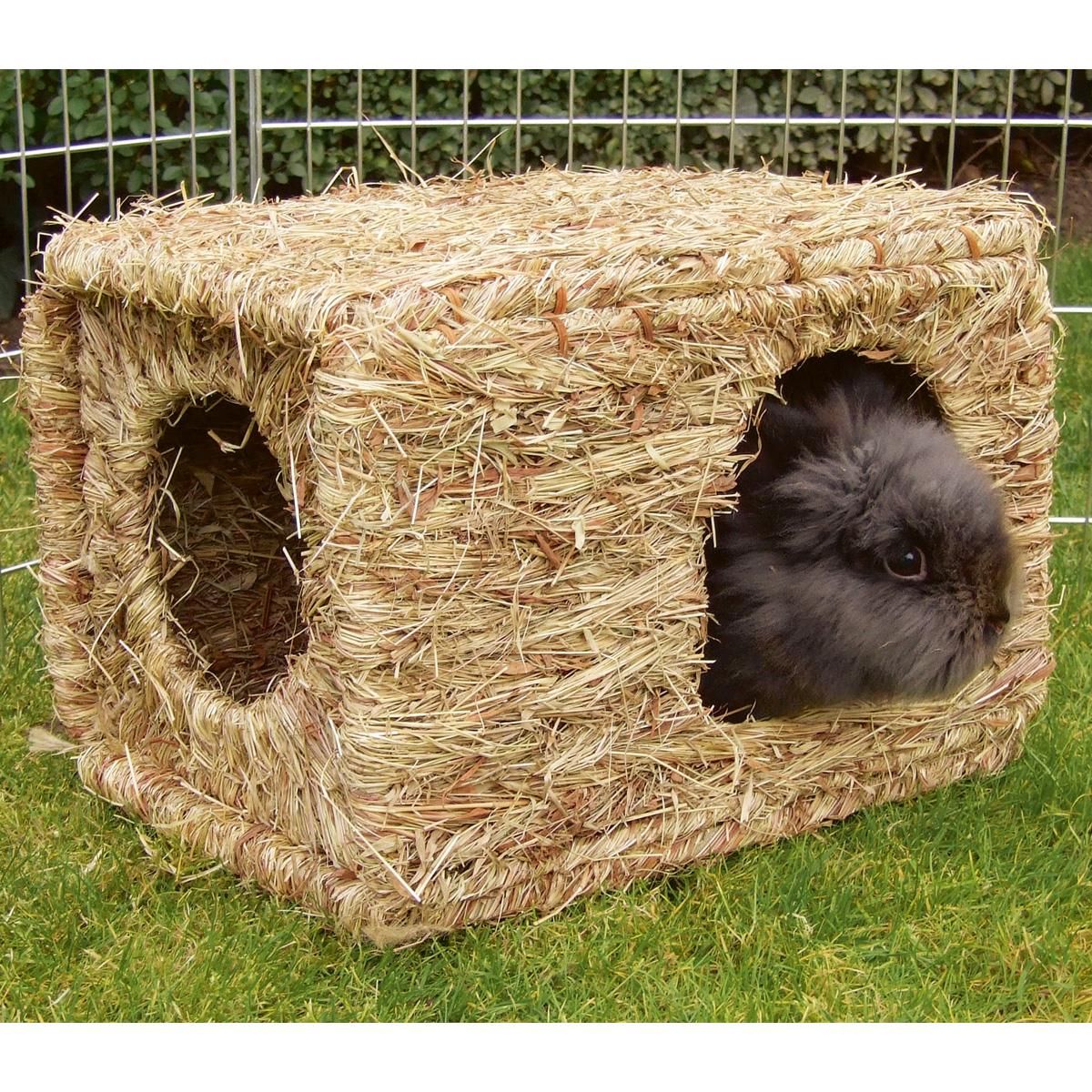 Kerbl Maison en herbe XL, 37x30x28 cm, 2 entrées, herbe naturelle séchée, en utilisation