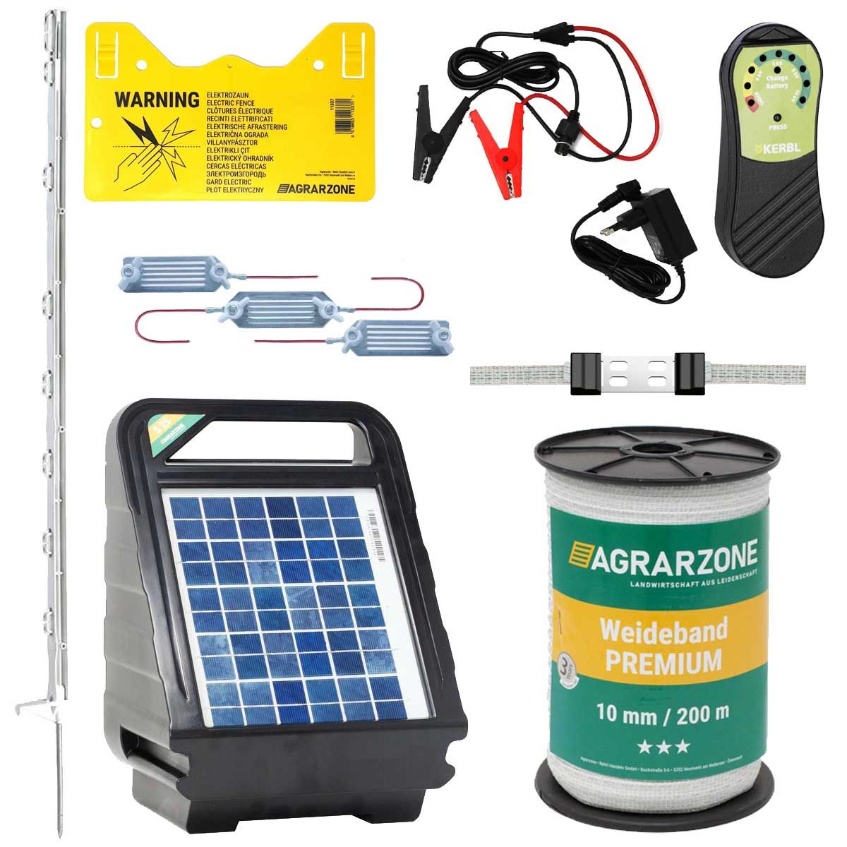 Rehzaun Komplett Set 12V Solar, Band für 200 m Wildzaun, Lieferumfang