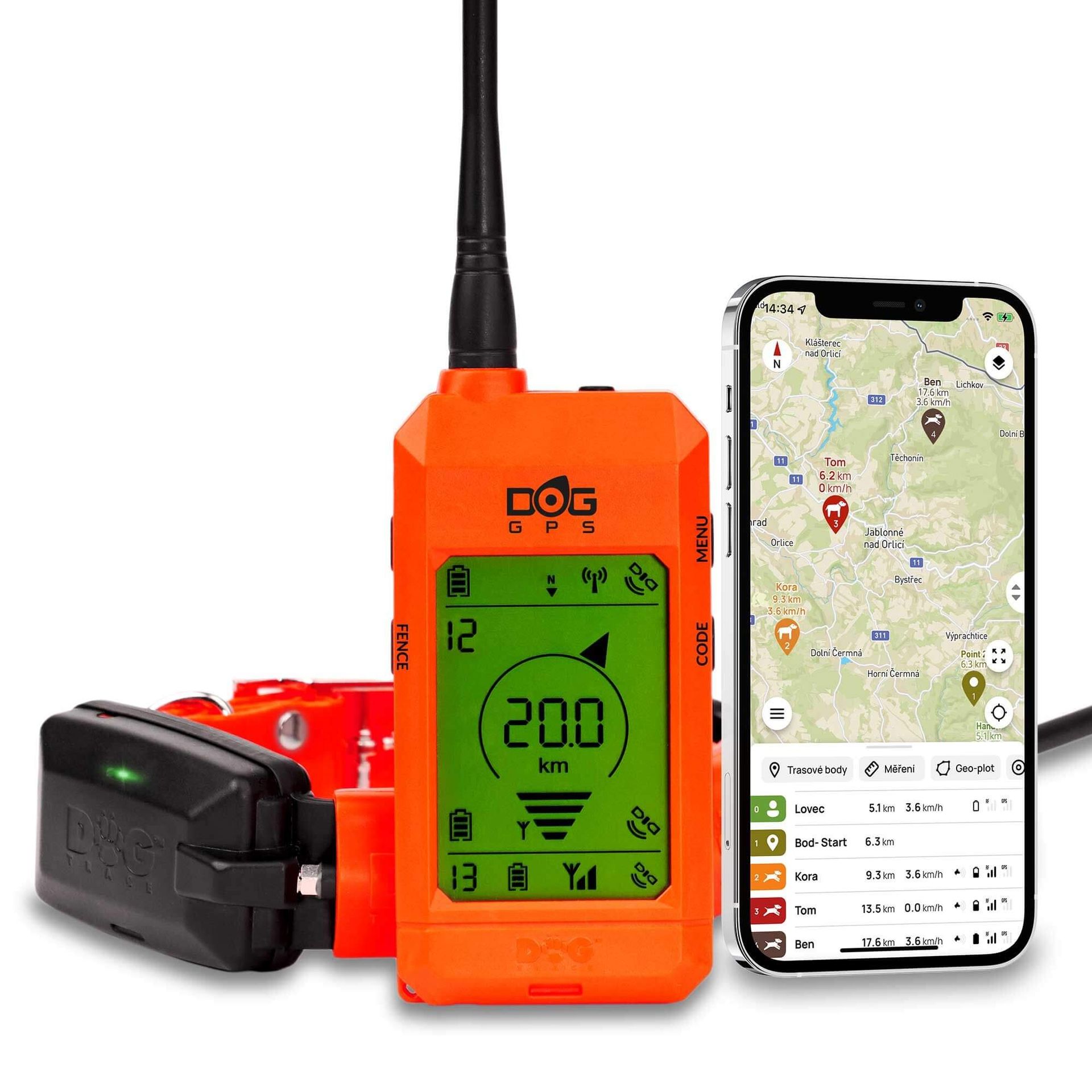 Orange handhållen GPS-enhet med antenn, halsband med sändare och telefon med kartvy