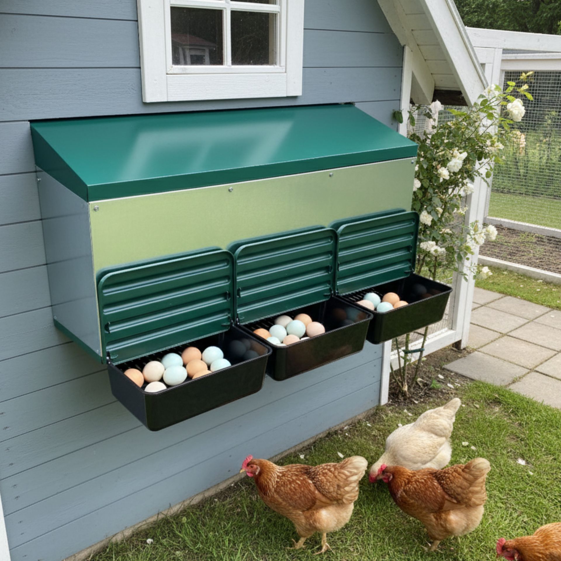 Agrarzone Roll-Away Nesting Box for Chickens, Plastic Floor, in use