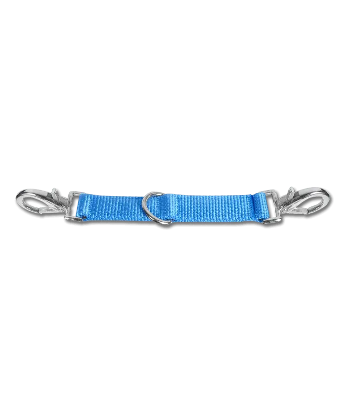 Blaues Nylonband mit zwei Karabinerhaken an den Enden und Ring in der Mitte