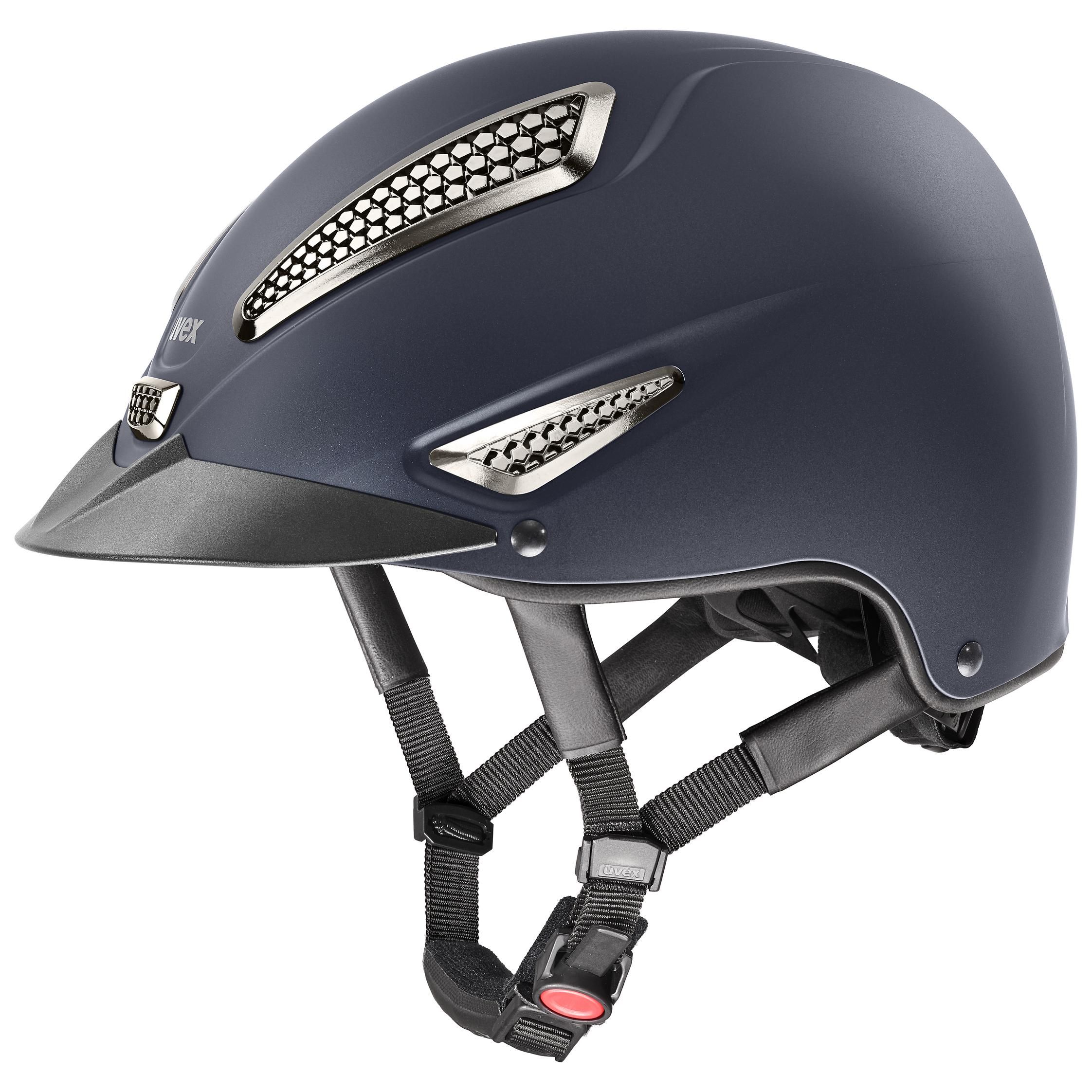 casque d'équitation uvex perfexxion III chrome, bleu marine mat, vue latérale