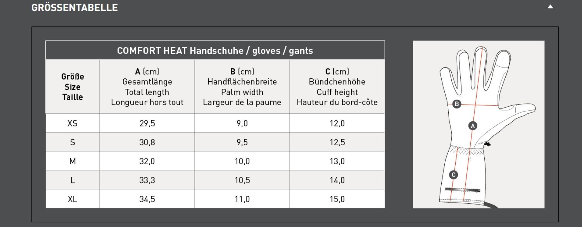 ELT Heizhandschuhe Comfort Heat, beheizbar mit Powerbank, schwarz, Größentabelle