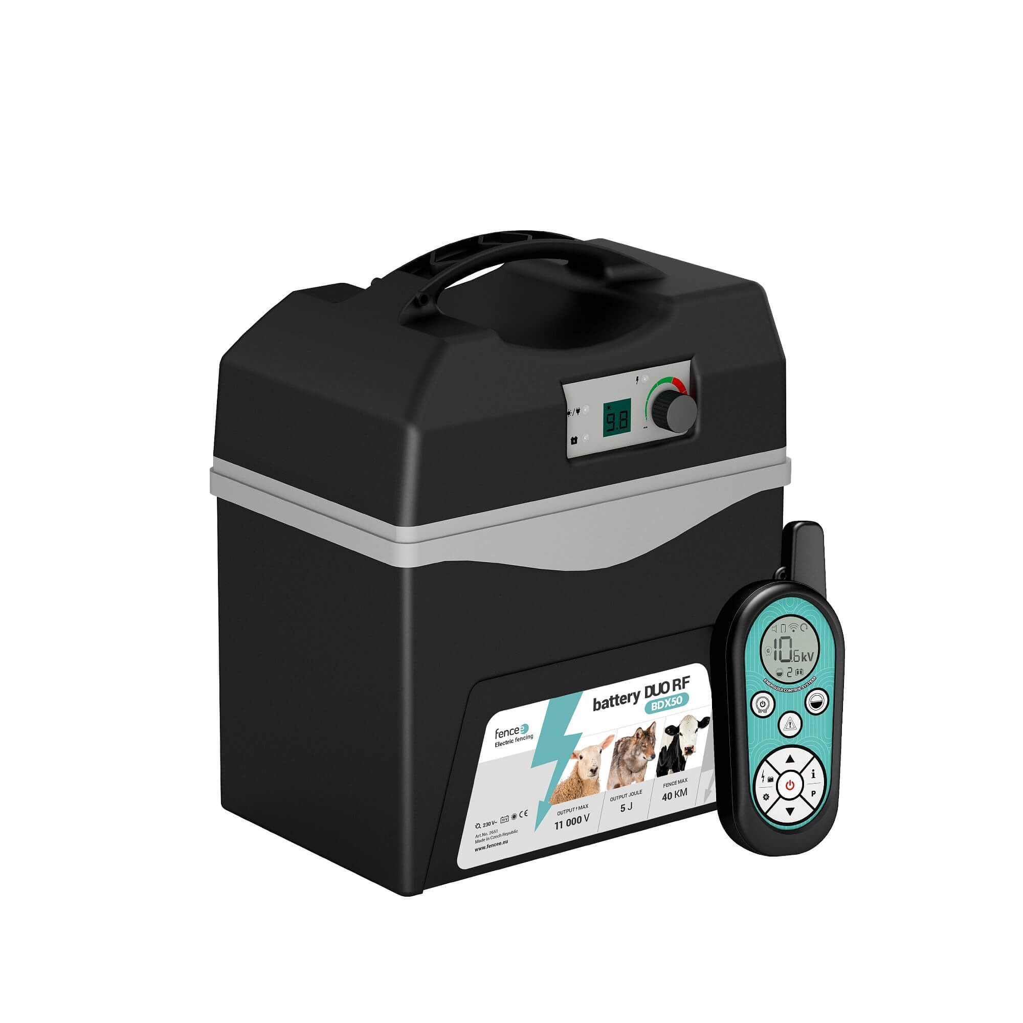 fencee battery BDX50 DUO : Électrificateur de clôture 12V / 230V, 5 Joules, avec télécommande