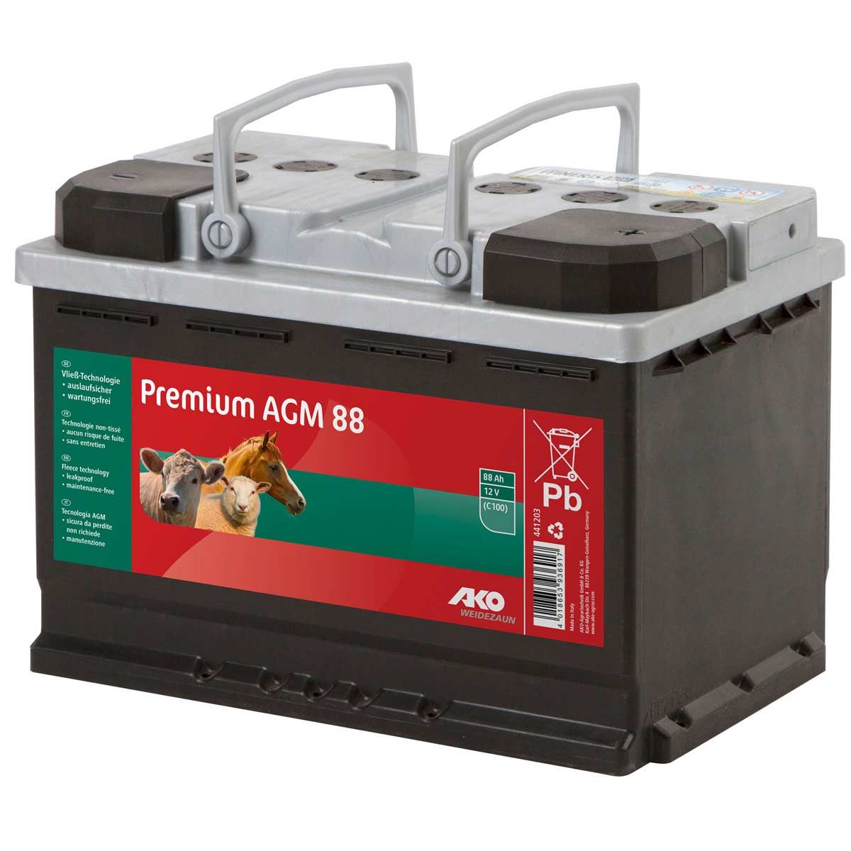 AKO Premium AGM Akku Weidezaunbatterie 12V 88 Ah, wartungsfrei, Etikett