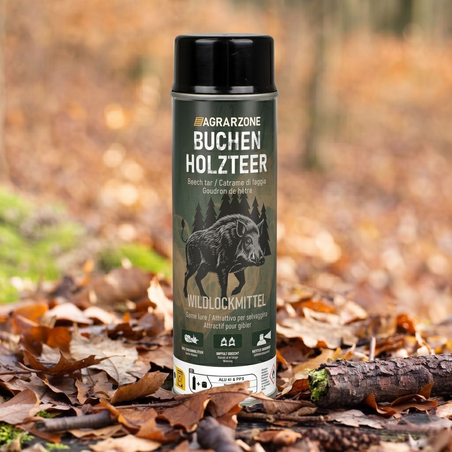 hunting lure, wild game lure, spray can, forest motif, camouflage design