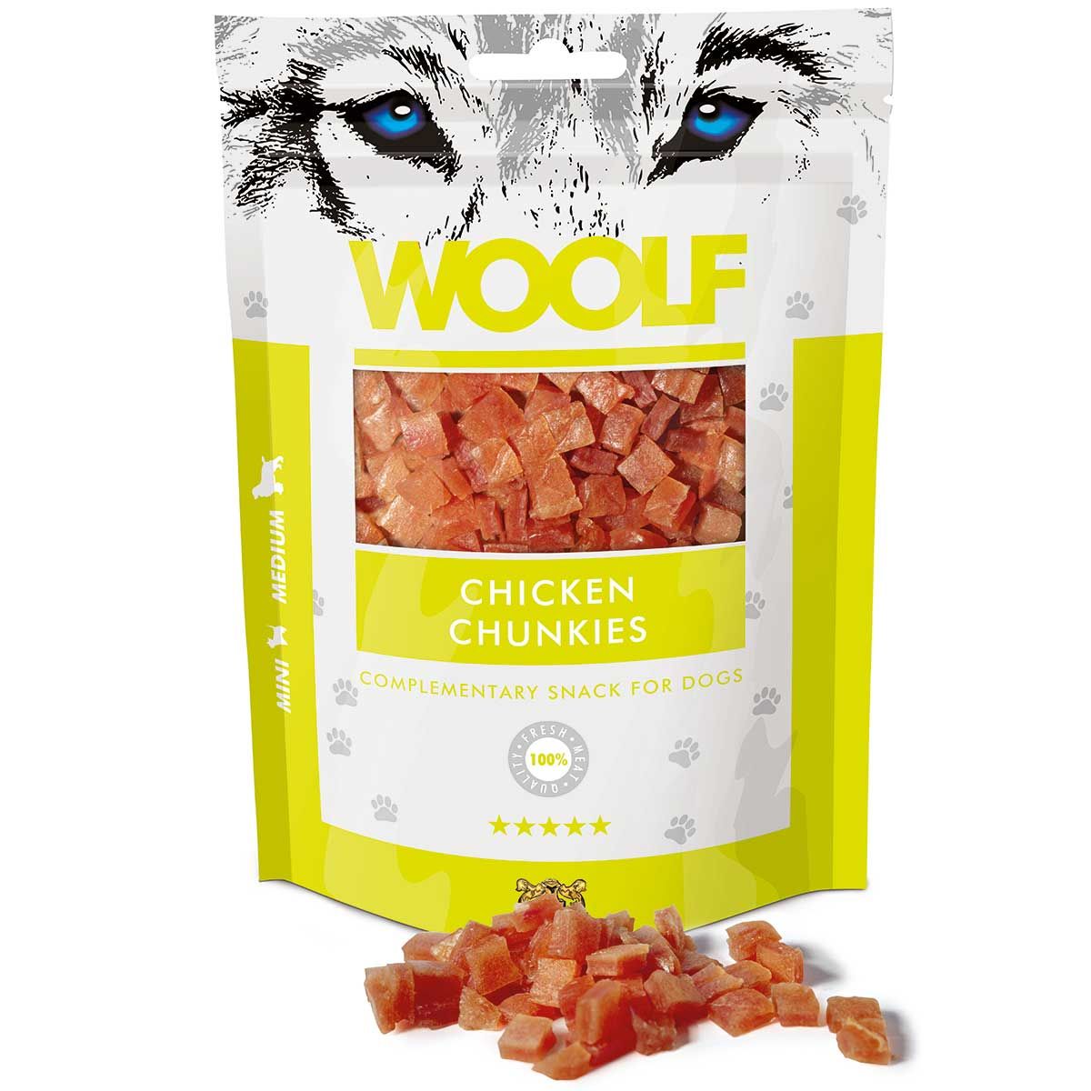Woolf Dog treat chicken chunkies, packaging