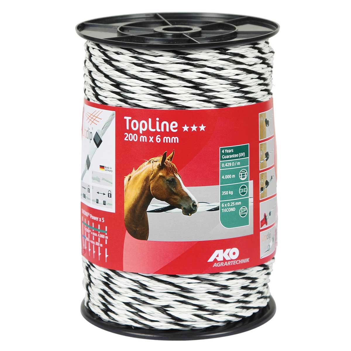 Ako Weidezaunseil TopLine Plus 200m, Ø 6mm, 6x0.25 TriCOND, weiß-schwarz