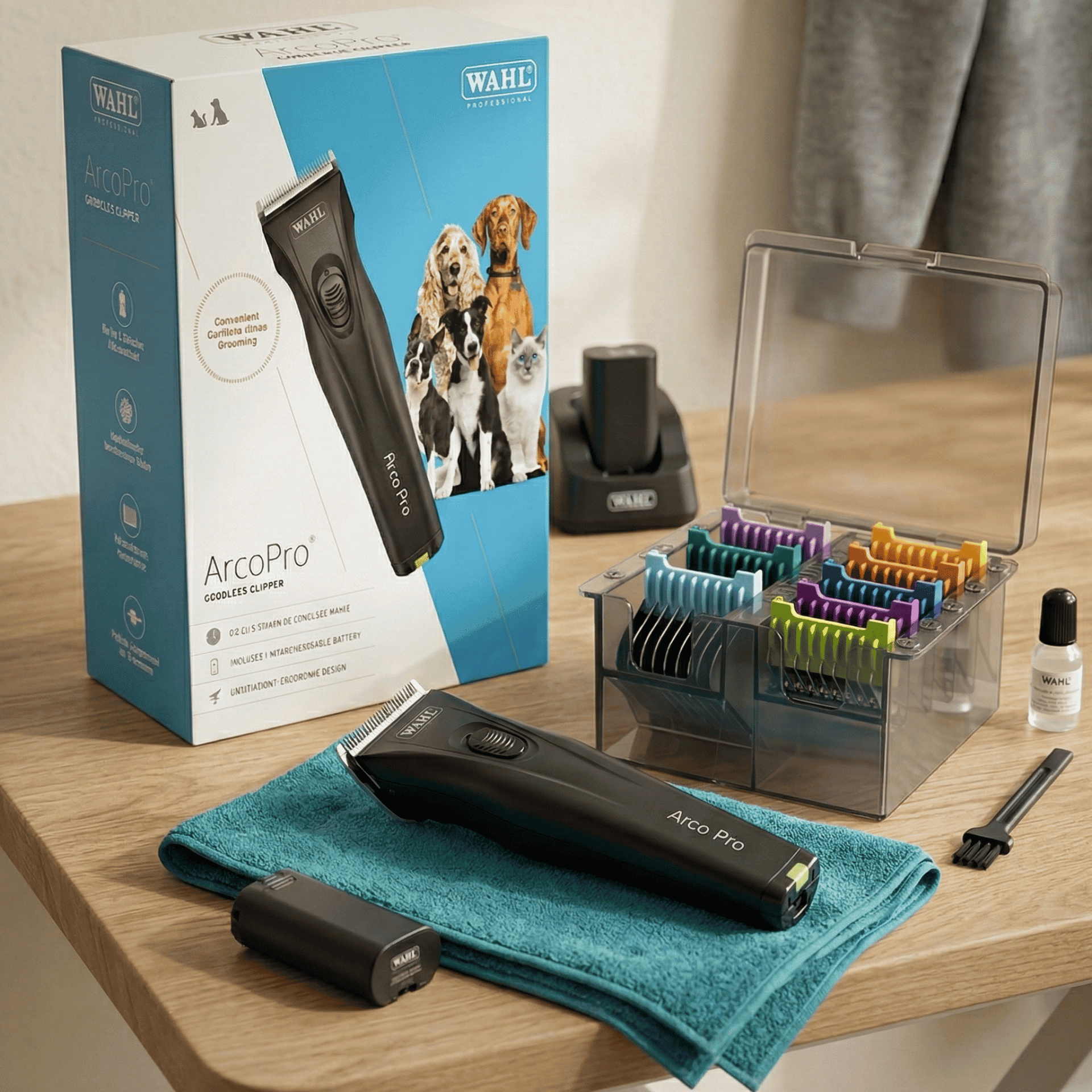 Tondeuse sans fil Wahl Arco Pro avec set de peignes amovibles, contenu de la livraison