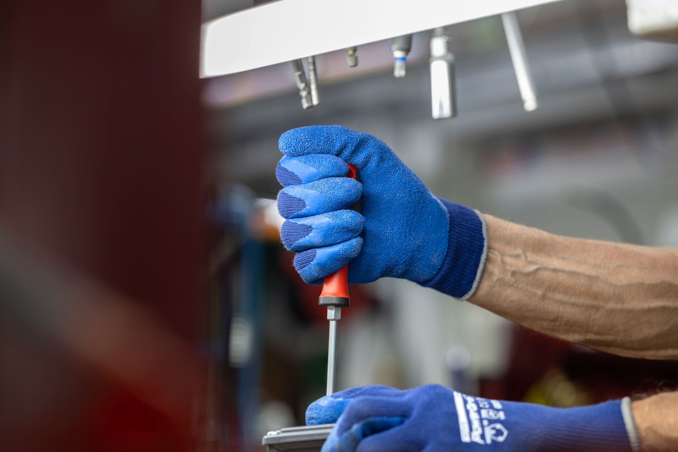 gloves, blue gloves, work gloves, hand tool, screwdriver