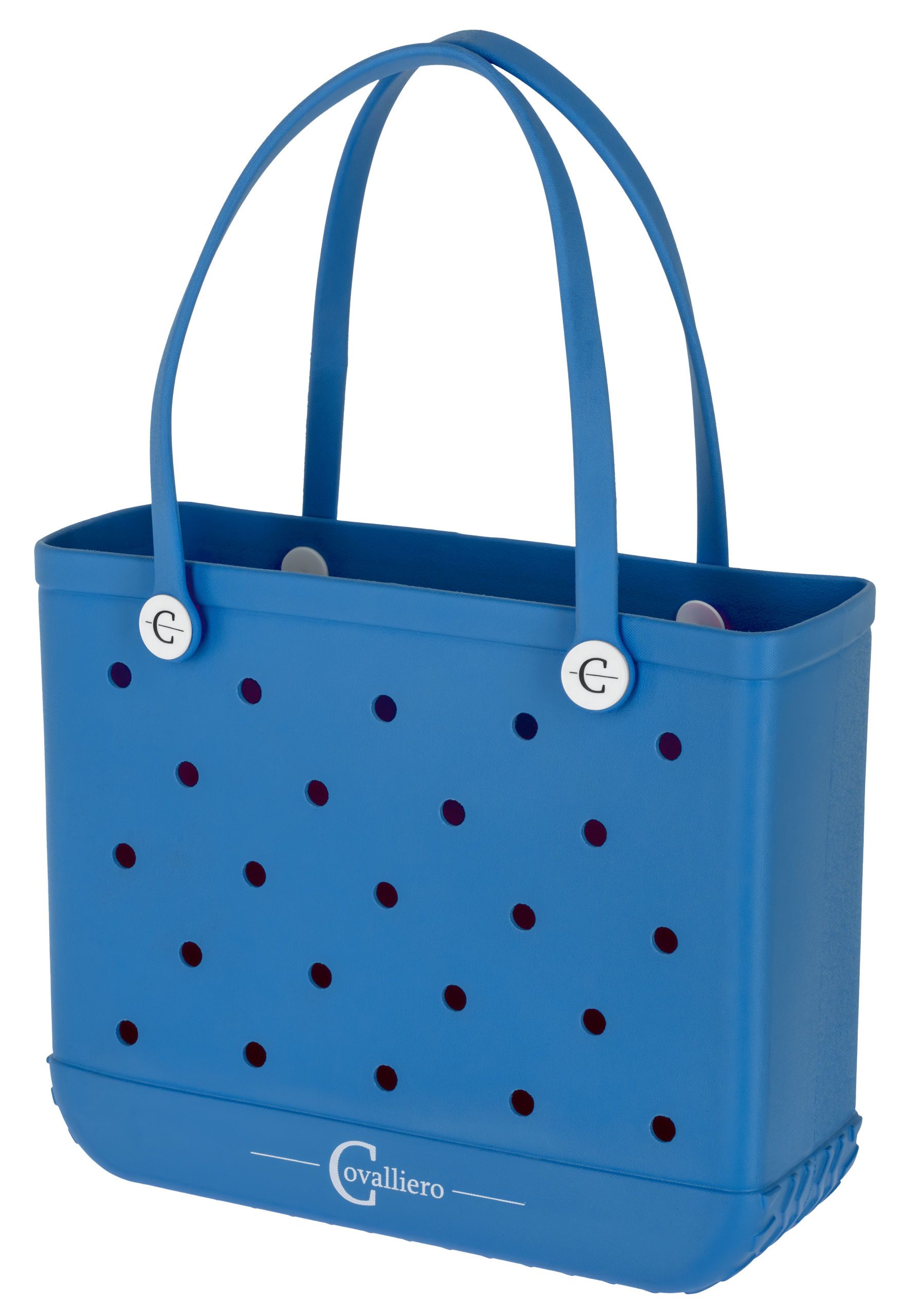 blue tote, perforated handbag, holes pattern, double handle, Cavalliero branding