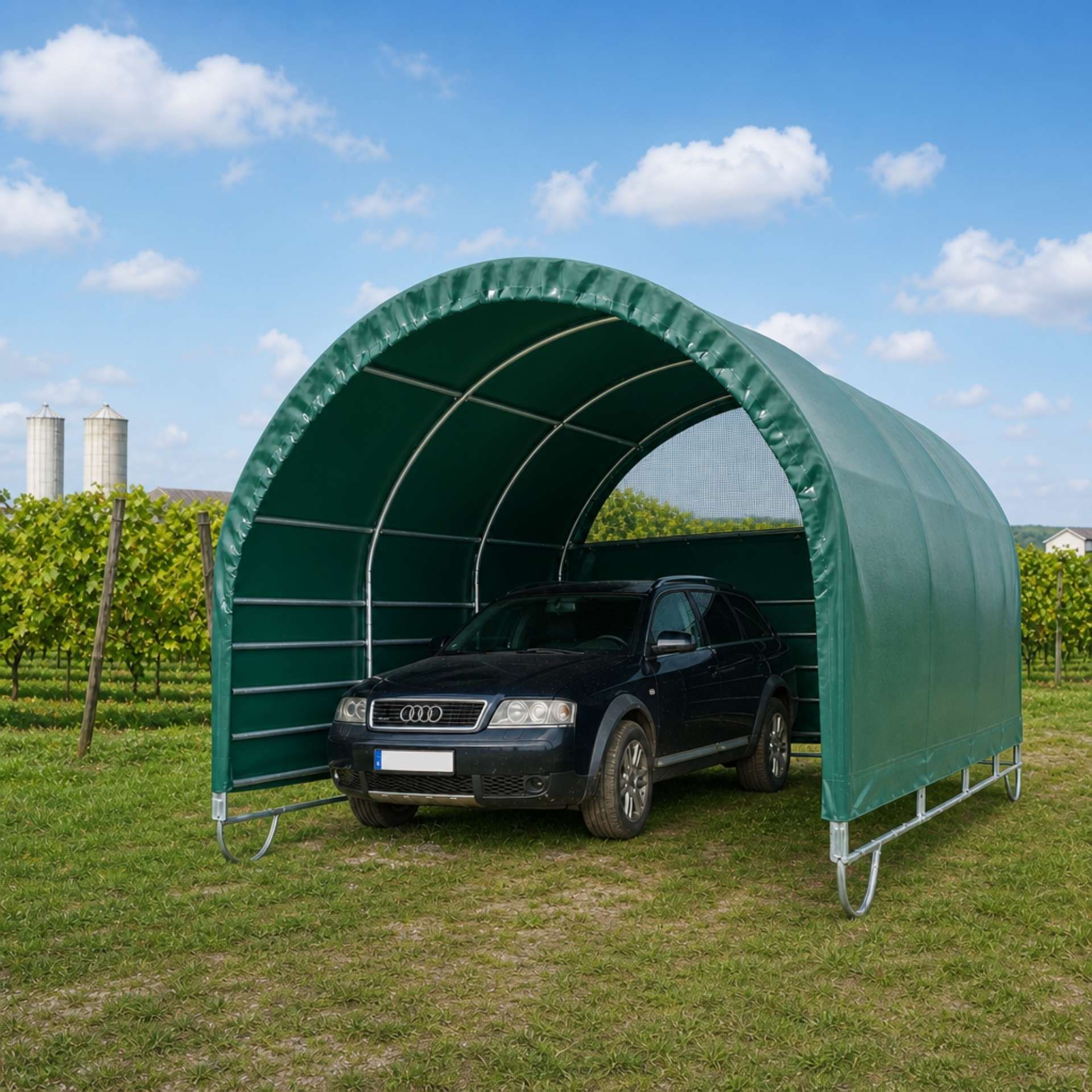 carport, Garage, Fahrzeugunterstand, grüner Überdachung, Vinylrahmen