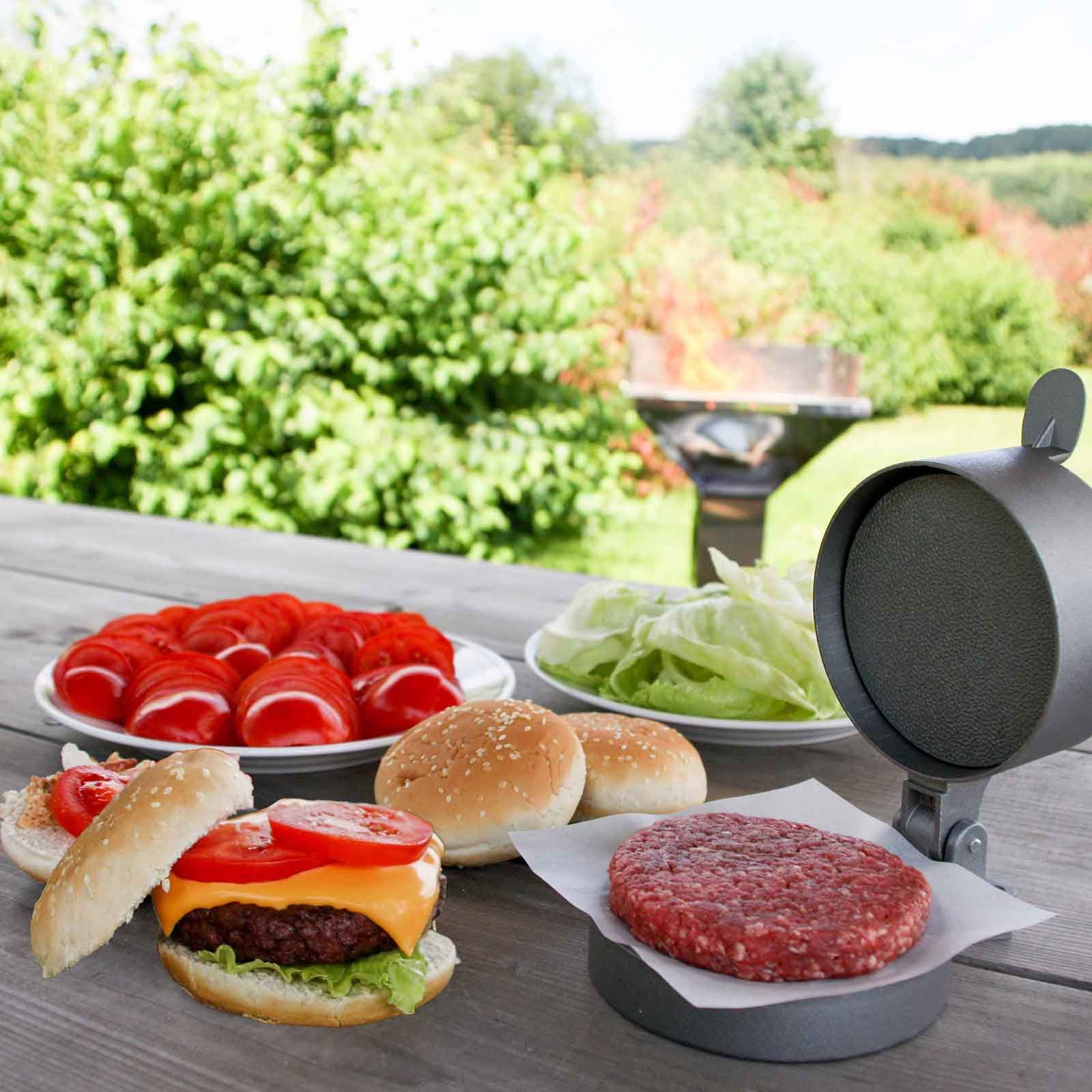 Presse burger réglable en aluminium, en utilisation