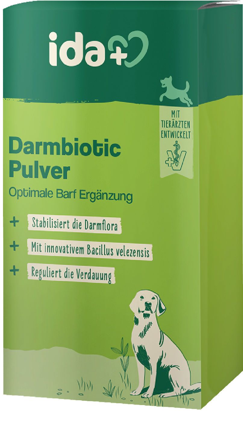 dog, darmbiotic powder, pet supplement, bottle, green packaging