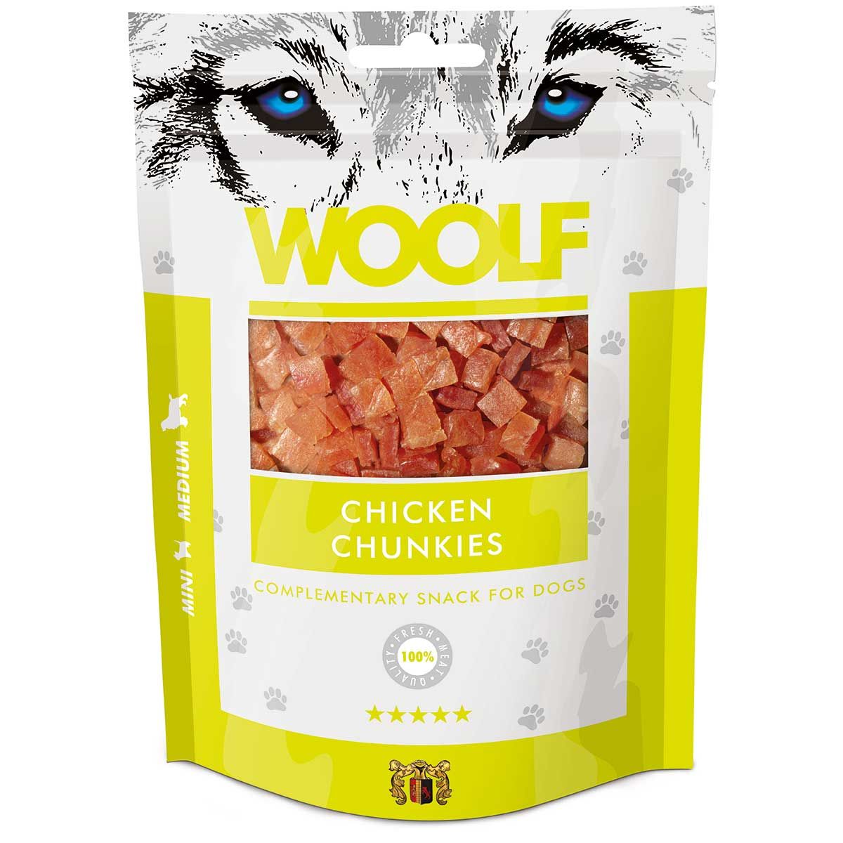 Woolf Dog treat chicken chunkies, packaging