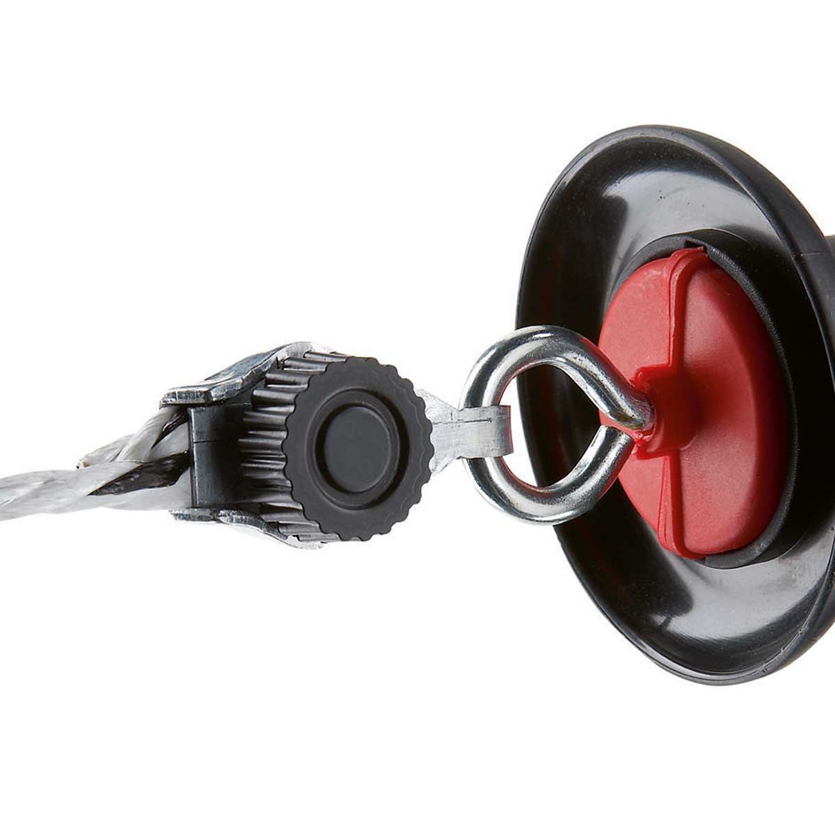 5 x Agrarzone Gate handle black, with hookand rope/wire connector, detail view, insulator