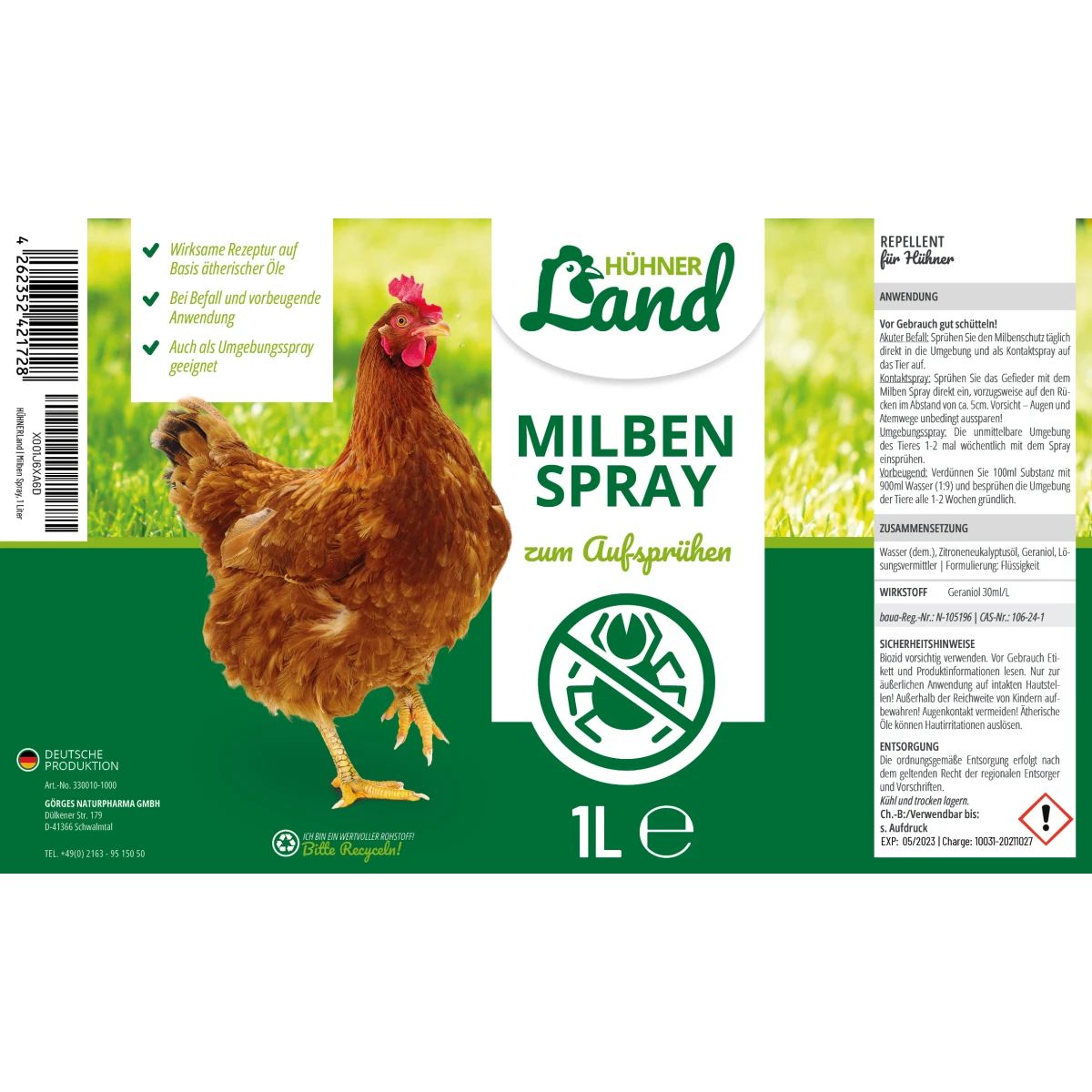 Hühnerland Kvalsterspray för kycklingar 1 L, etikett
