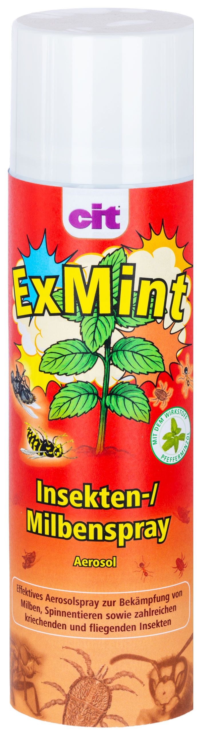 insect repellent, aerosol, red bottle, mint plant graphic, milbenspraepar spray