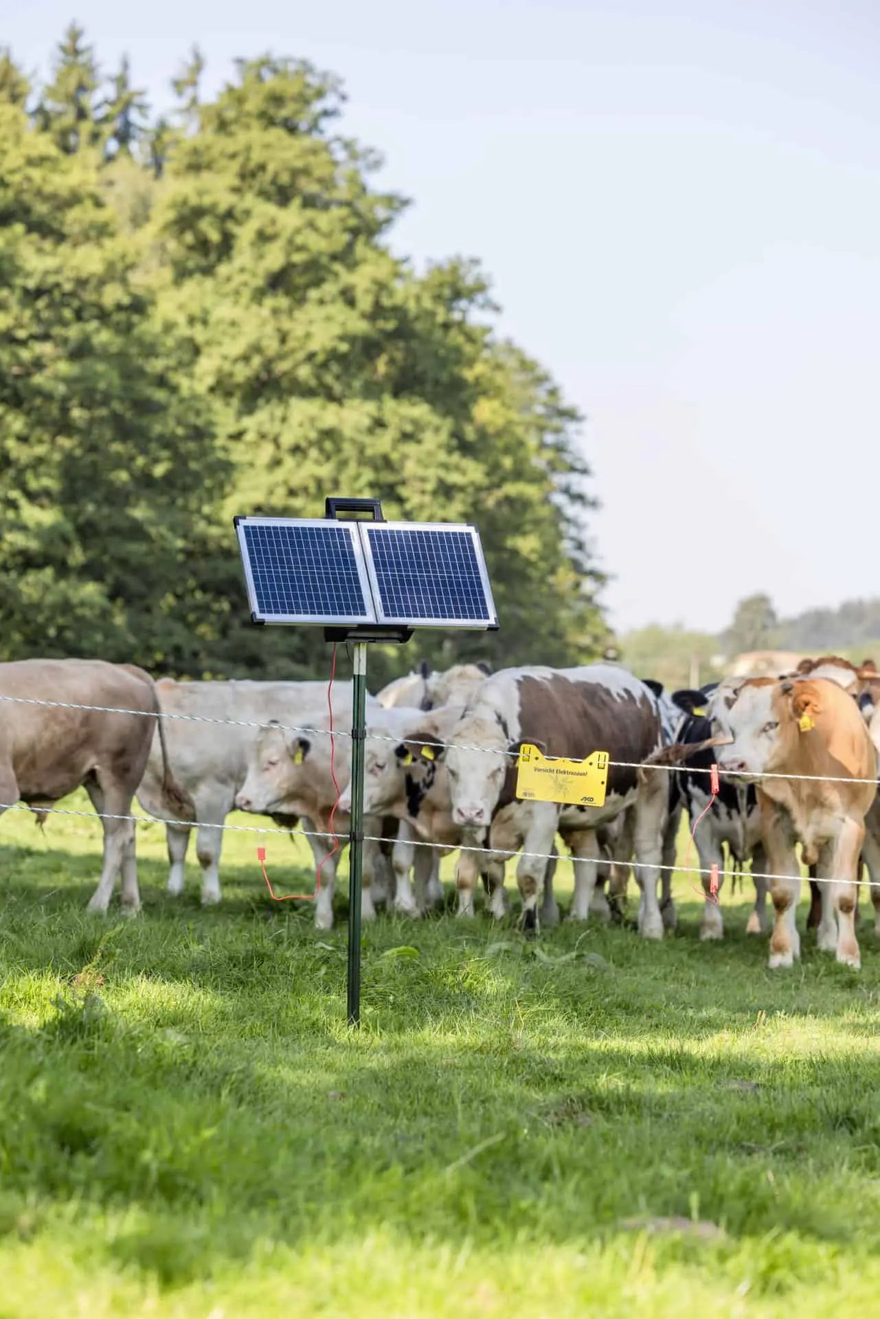 Électrificateur de clôture AKO SunPower S2400 Smart 12V, 3,2 Joule, en utilisation, panneau solaire