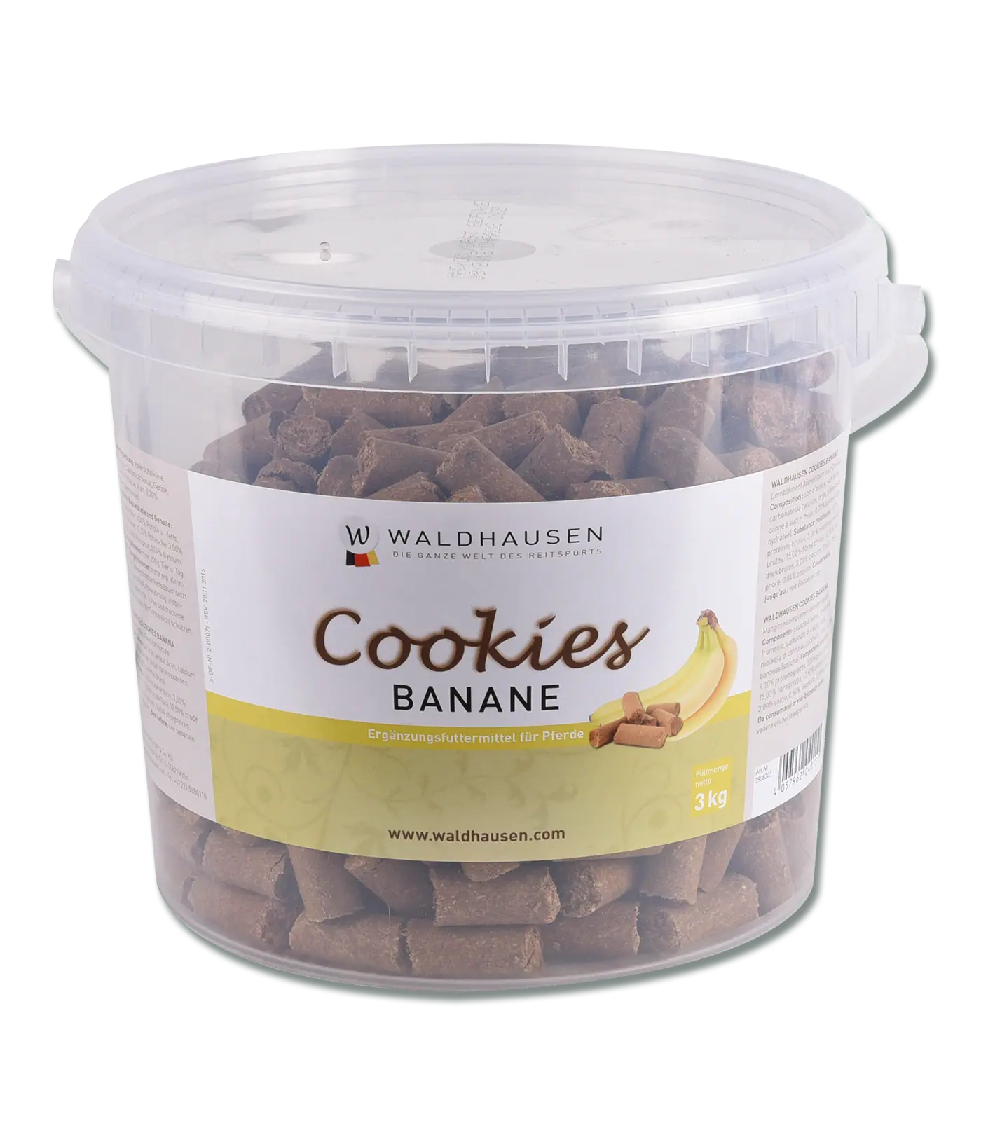 Cookies Waldhausen à la banane, friandises équines, seau de 3 kg, emballage