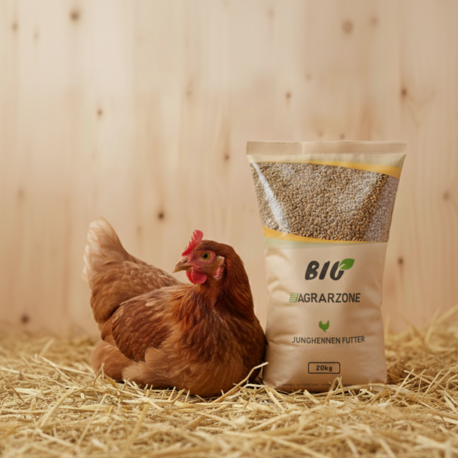 Aliment bio pour poules pondeuses Agrarzone 20 kg, en utilisation, à l'écurie