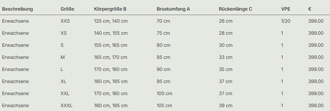 Covalliero Airbag-Weste Manege für Reiter, schneller Sturzschutz, Größentabelle