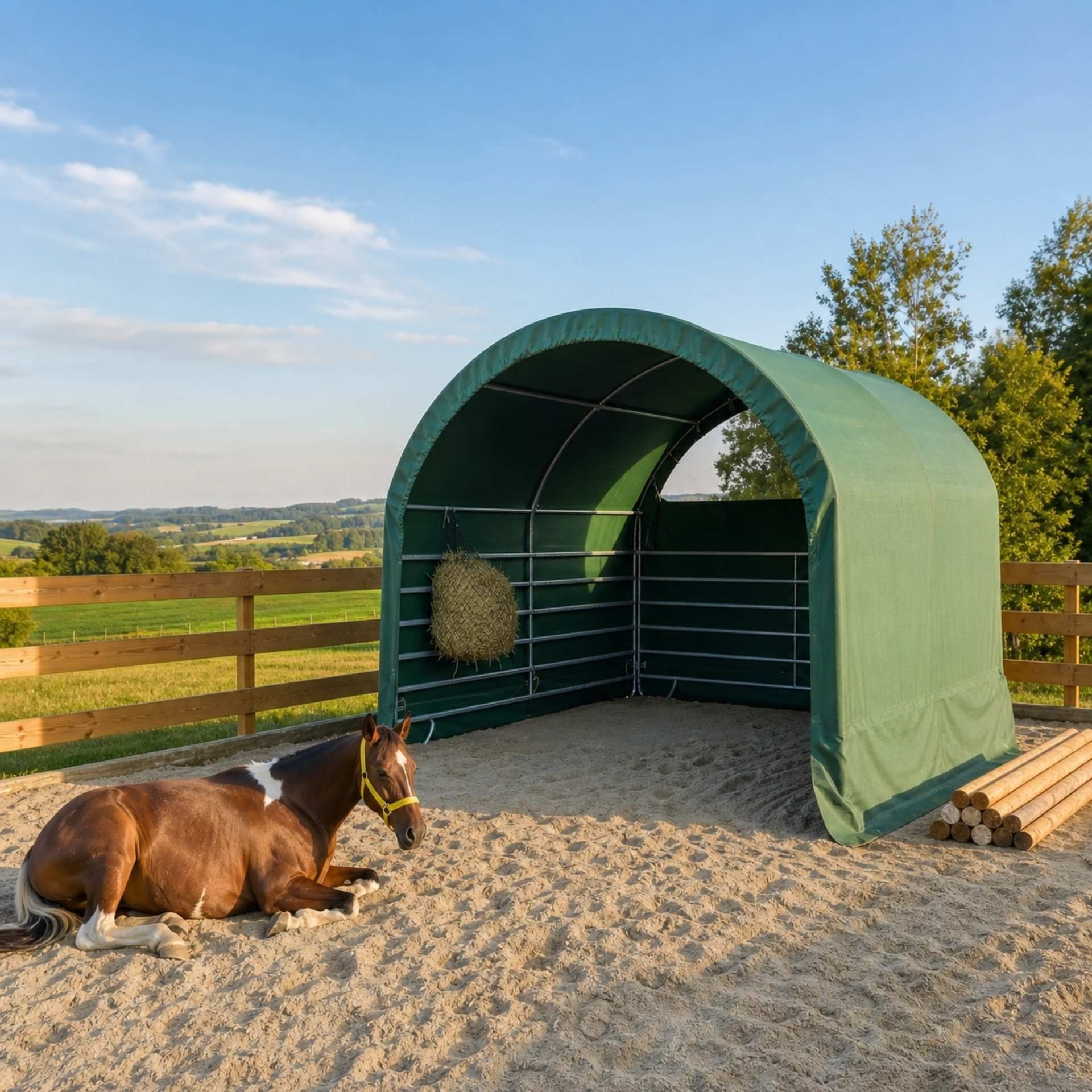 Pferd, Stall, Heufalle, Sandsportfläche, grüne Unterkunft