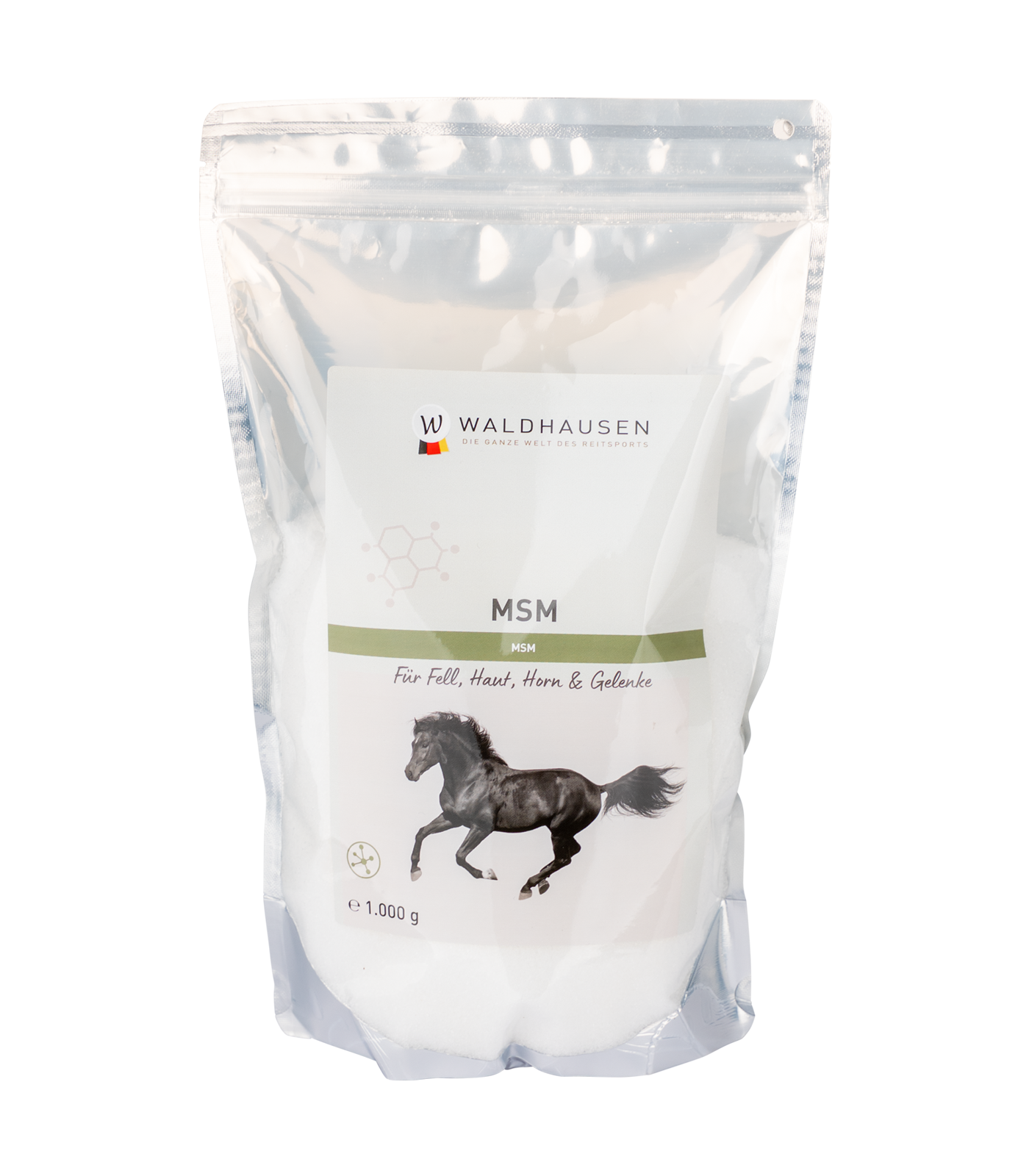 Waldhausen Pudră MSM pentru Cai, Blană, Articulații, Piele & Copite, 1 kg, ambalaj