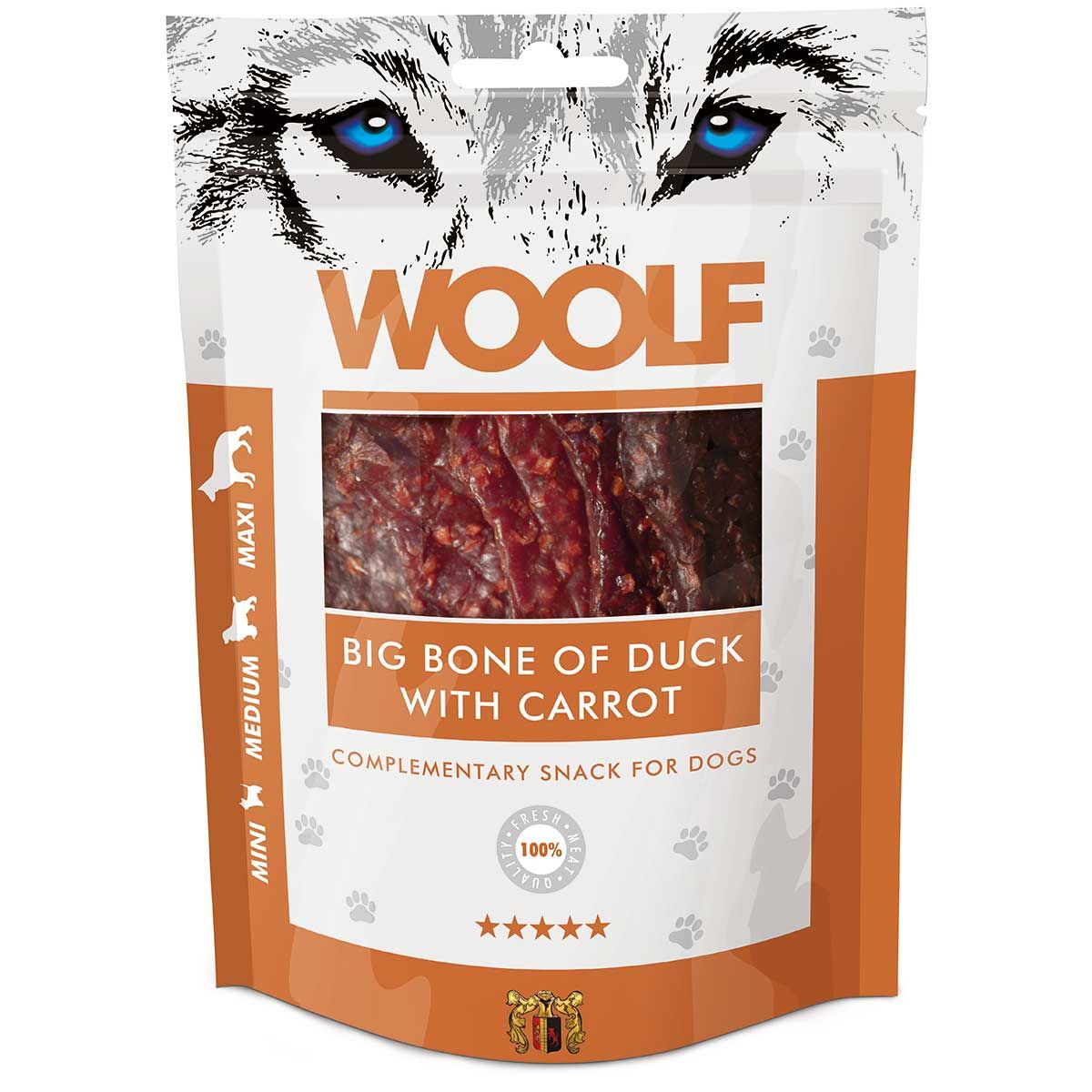 Woolf Dog treat big bones with duck and carrots, packaging