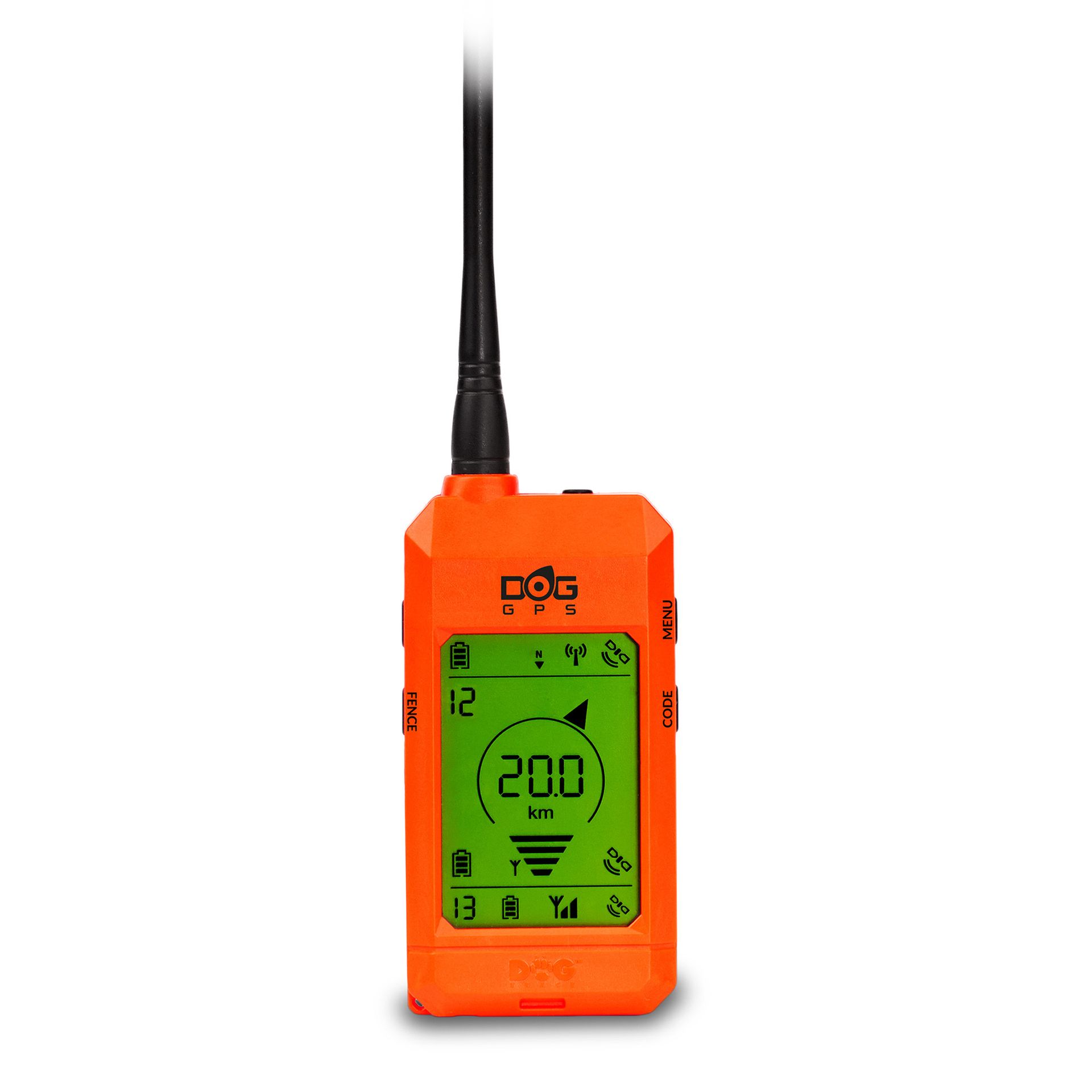orangefarbenes GPS-Handgerät mit Antenne und grünem Display mit Symbolen und Zahlenanzeige