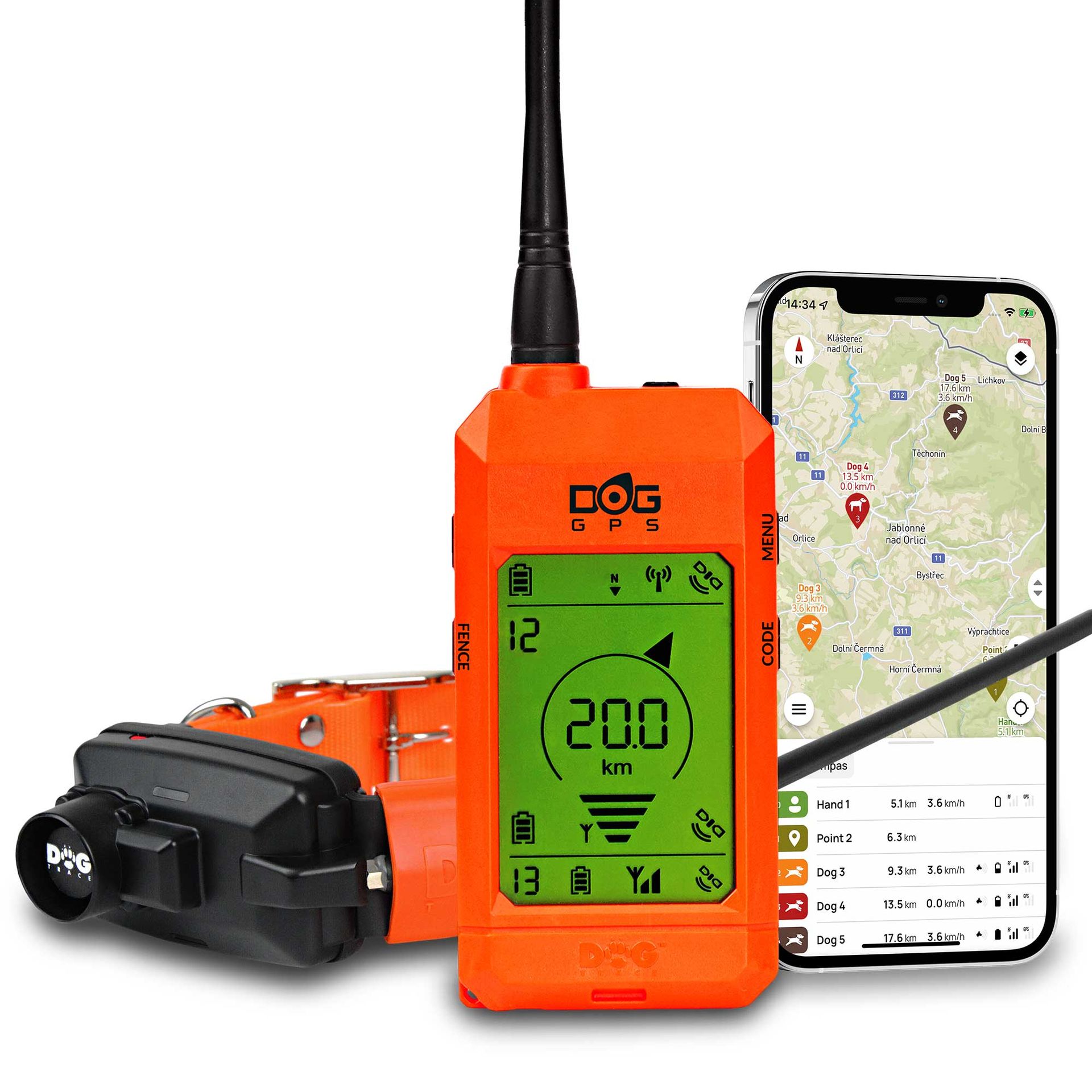 Narancssárga kézi GPS-készülék antennával, adóval és térképes okostelefonnal