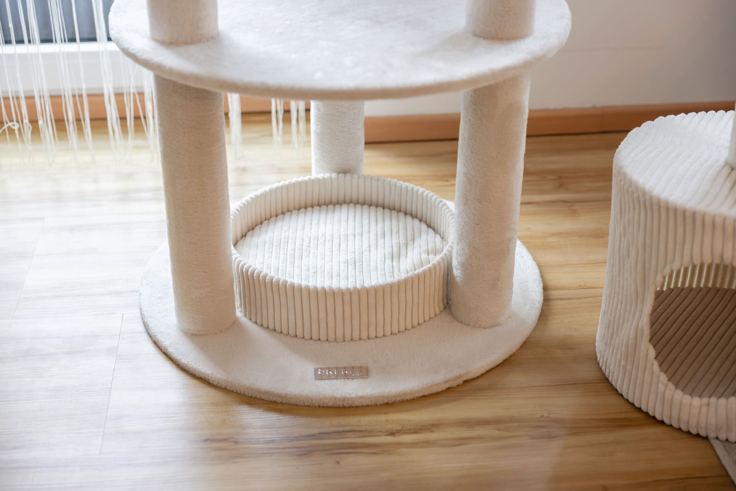 cat tree, pet furniture, scratch post, carpet, cream color