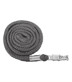 Aufgerolltes Führstrick aus grauem Geflecht mit Metallkarabiner