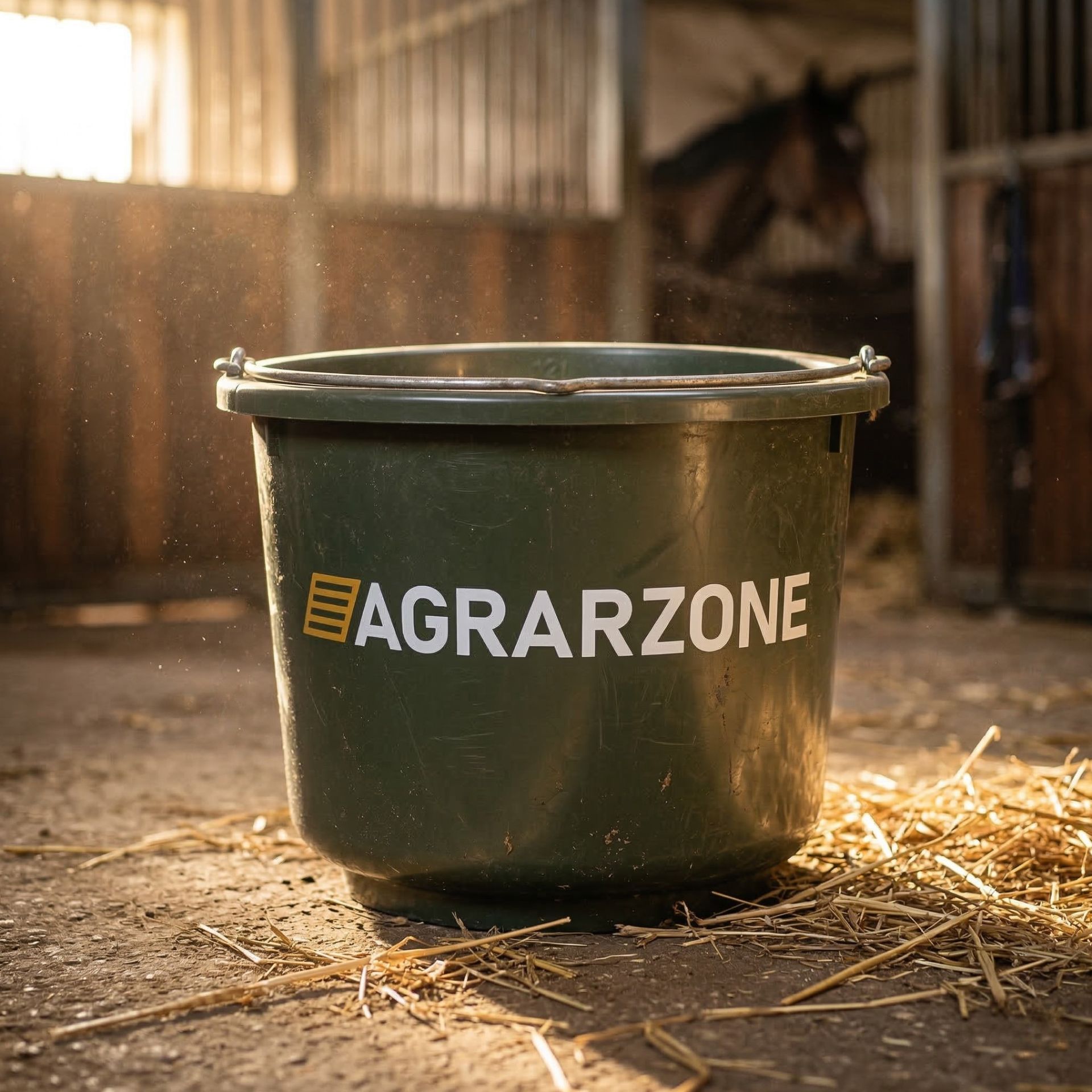 Seau universel Agrarzone 12 L, vert, robuste et facile à nettoyer, en utilisation, à l'écurie