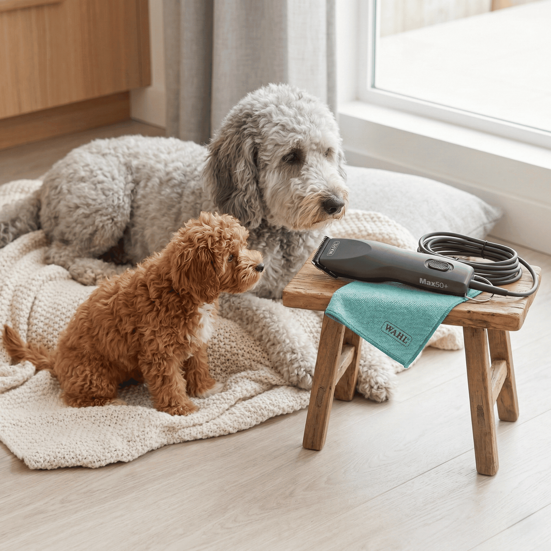 Grå och brun pudel bredvid en pall med klippmaskin och turkos handduk