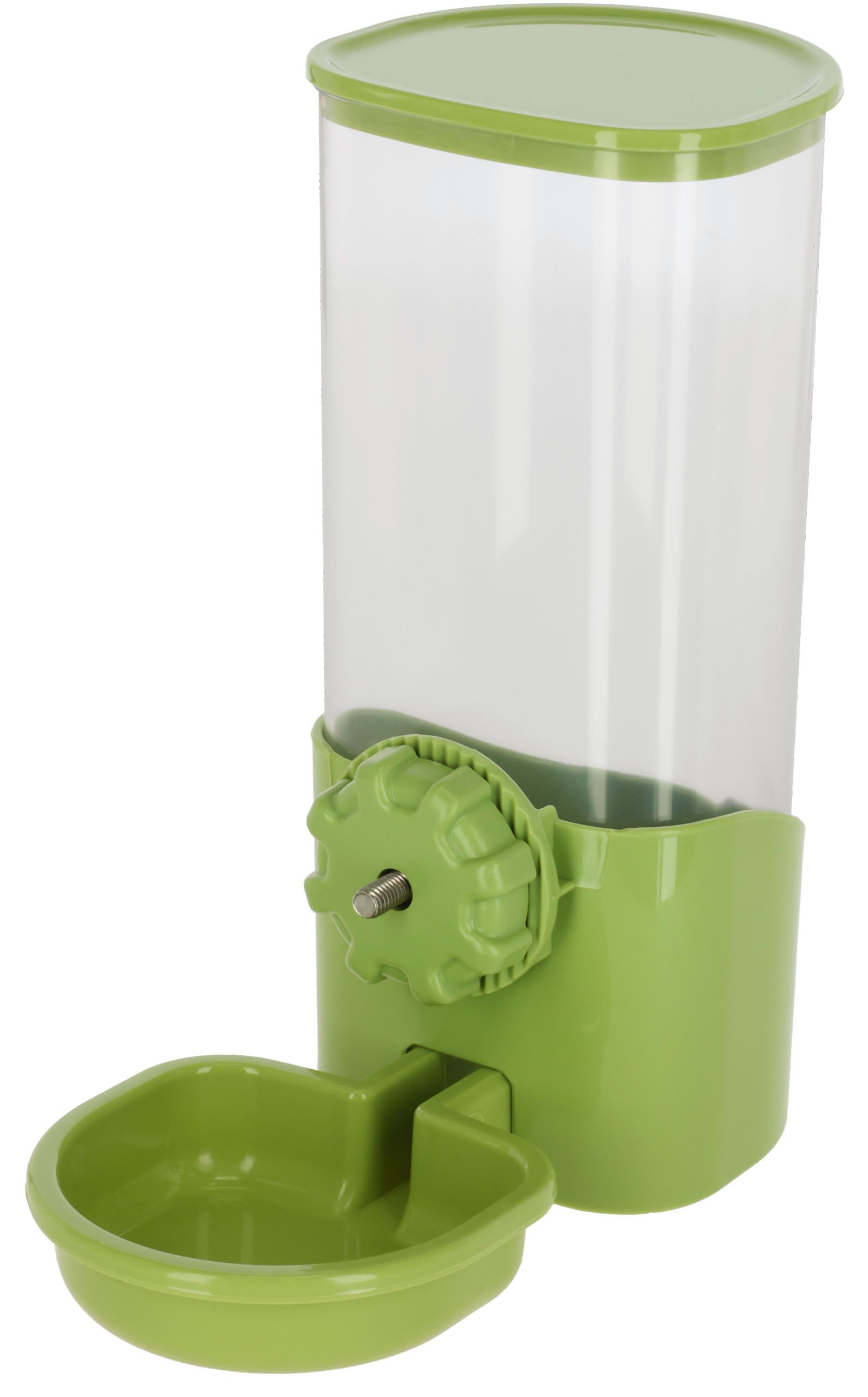 bird feeder, drip tray, green, plastic, hanging, cylinder