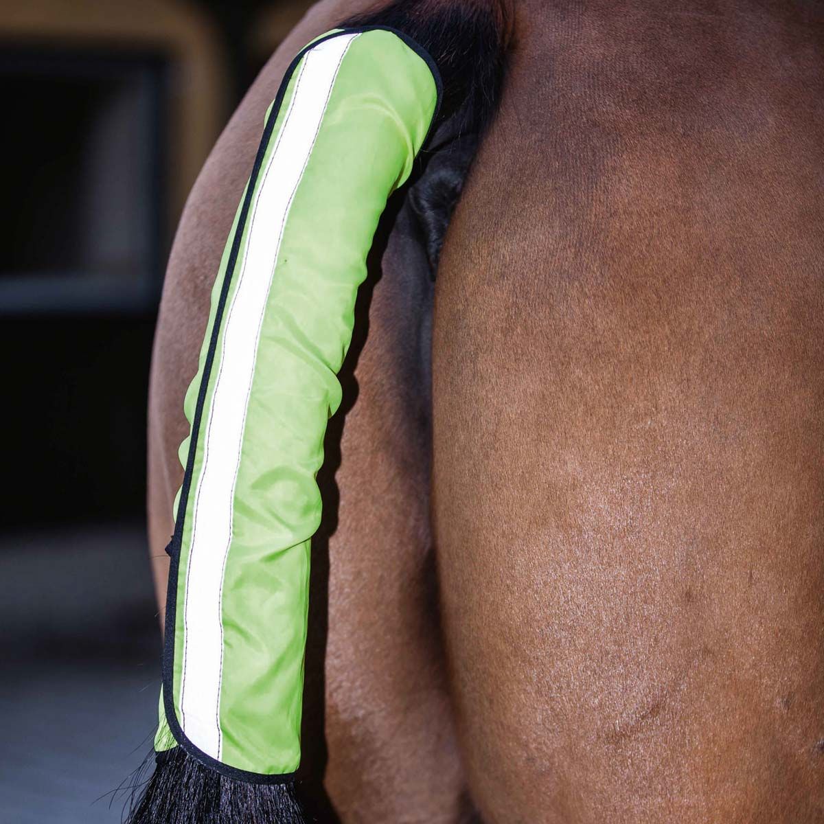 Kerbl Reflective Tail Guard, Signal Yellow with Reflective Stripe, in use