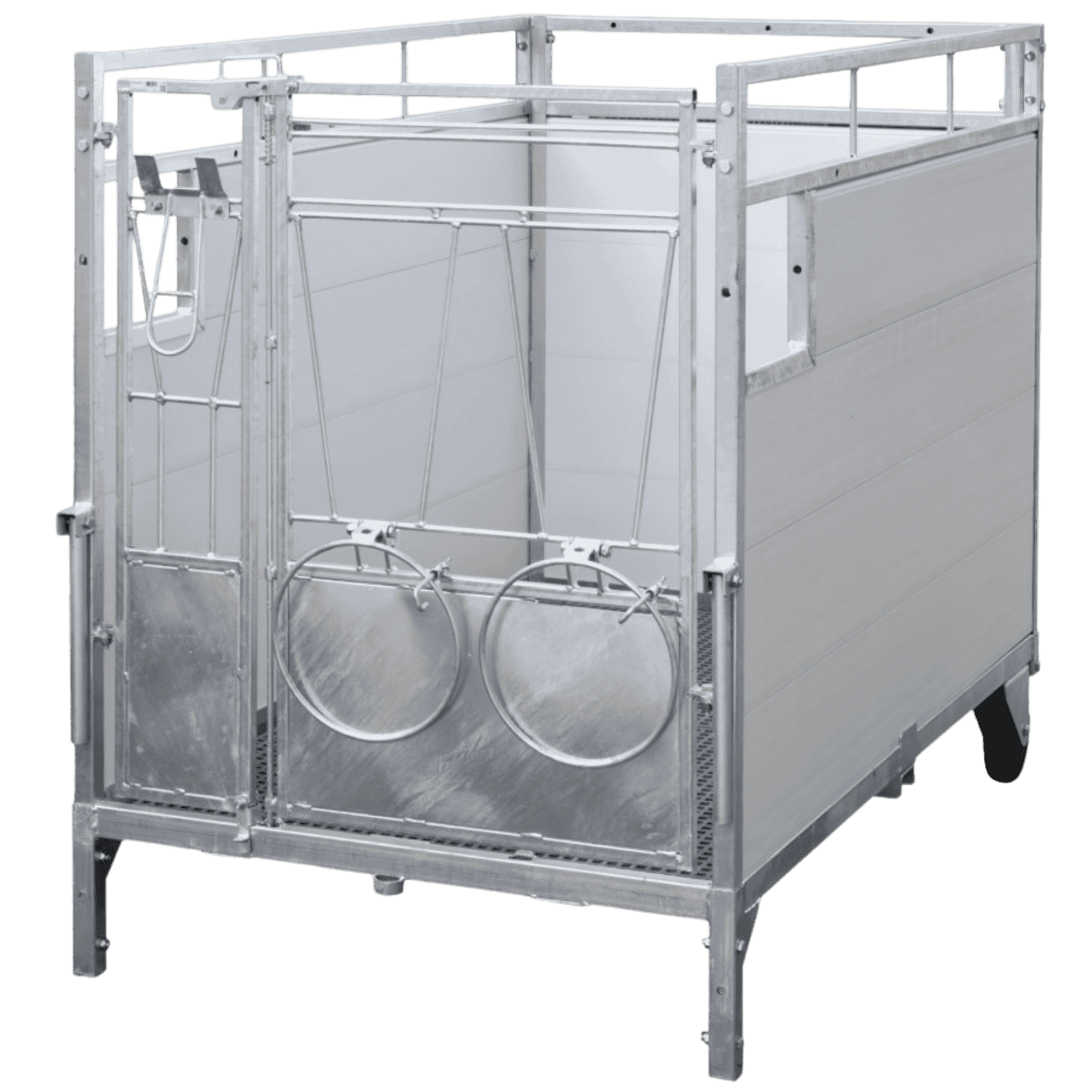 metal Stall, livestock stall, calf pen, galvanized steel, twin rings, cattle stall, metal enclosure, farm equipment, two circles gates, slotted frame