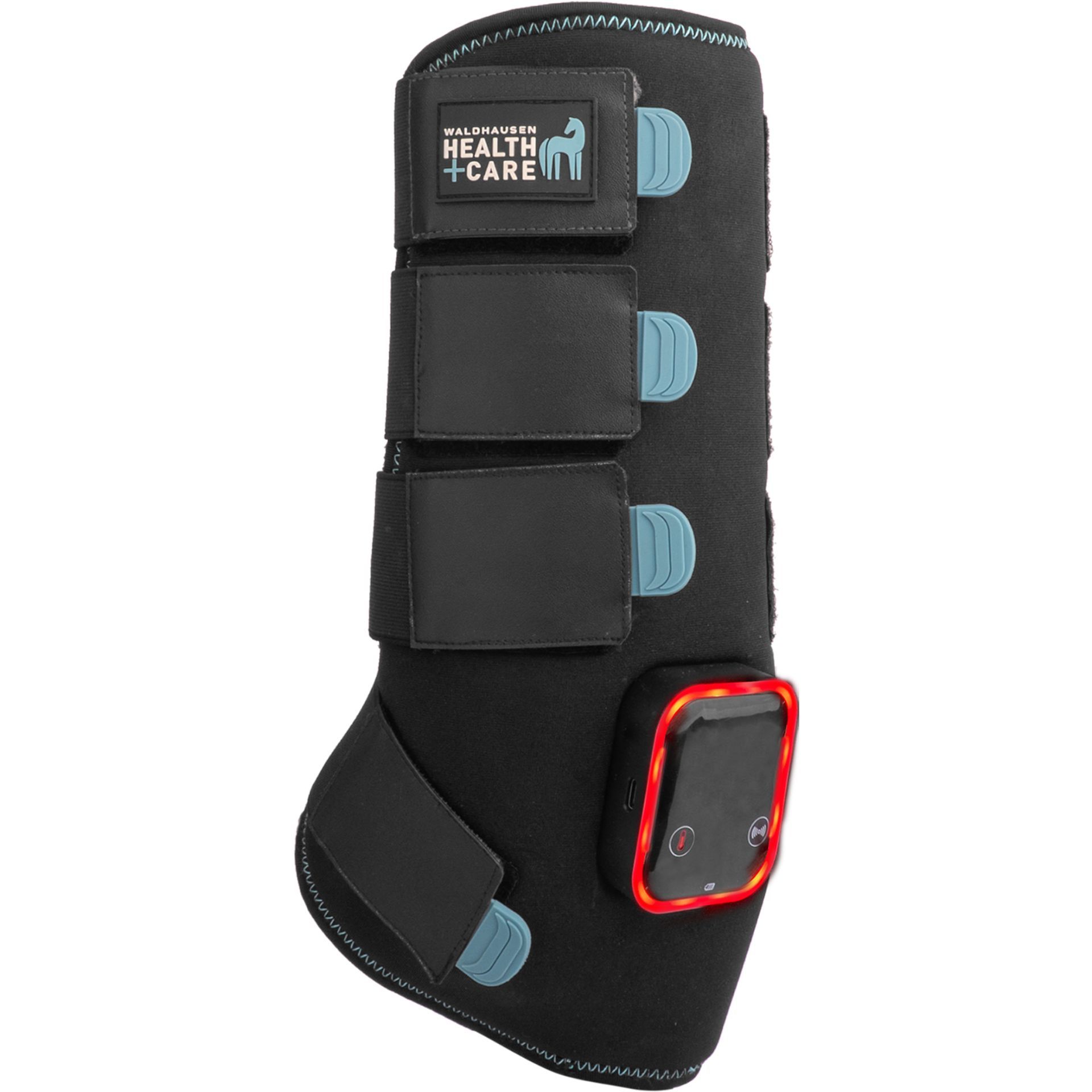 knee brace, leg support, medical brace, blue fasteners, smartphone pocket