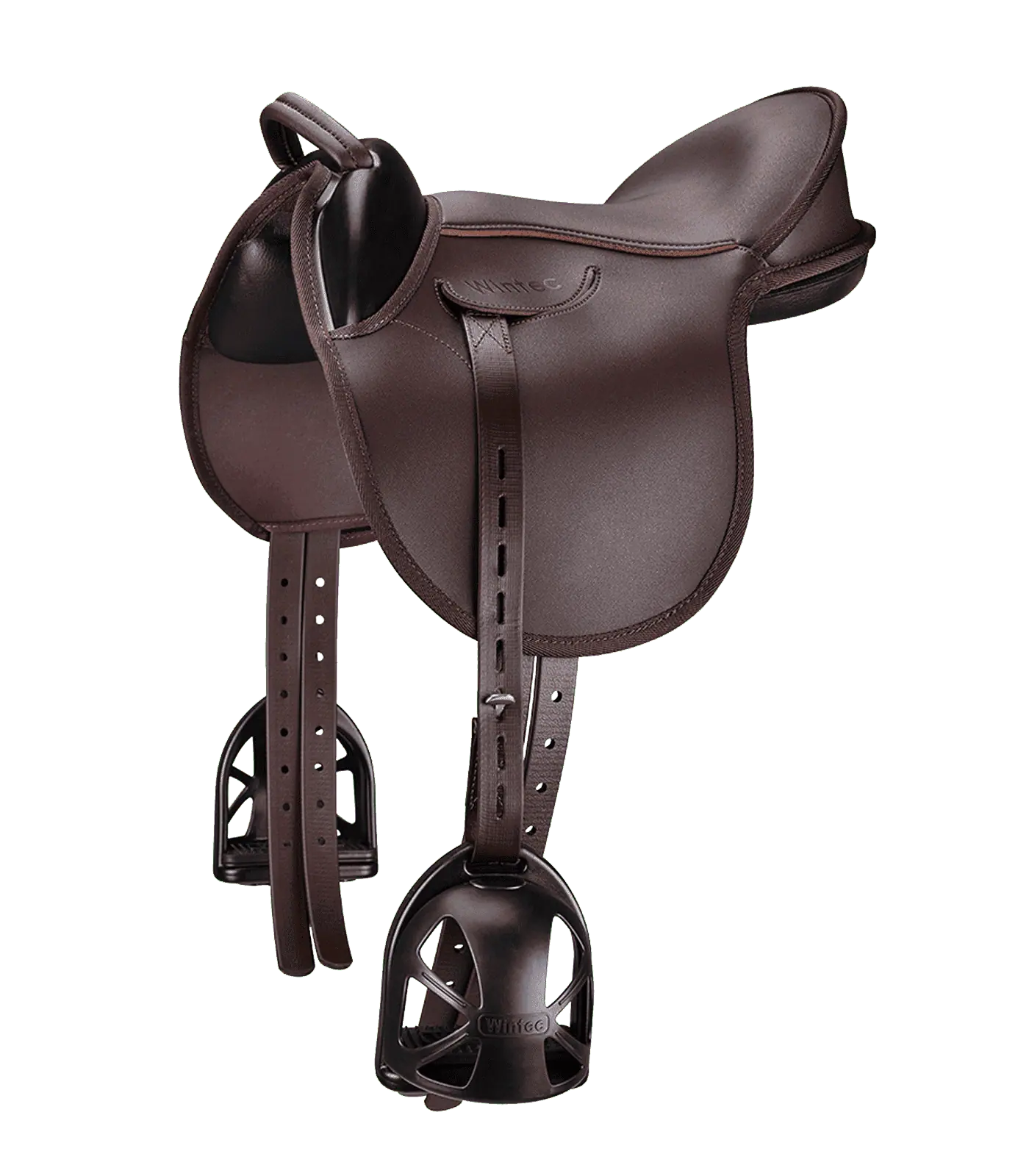 Selle pour enfant en cuir marron foncé avec étriers et sangles