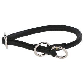 Rundes schwarzes Lederhalsband mit Zugmechanik und silbernen Metallringen