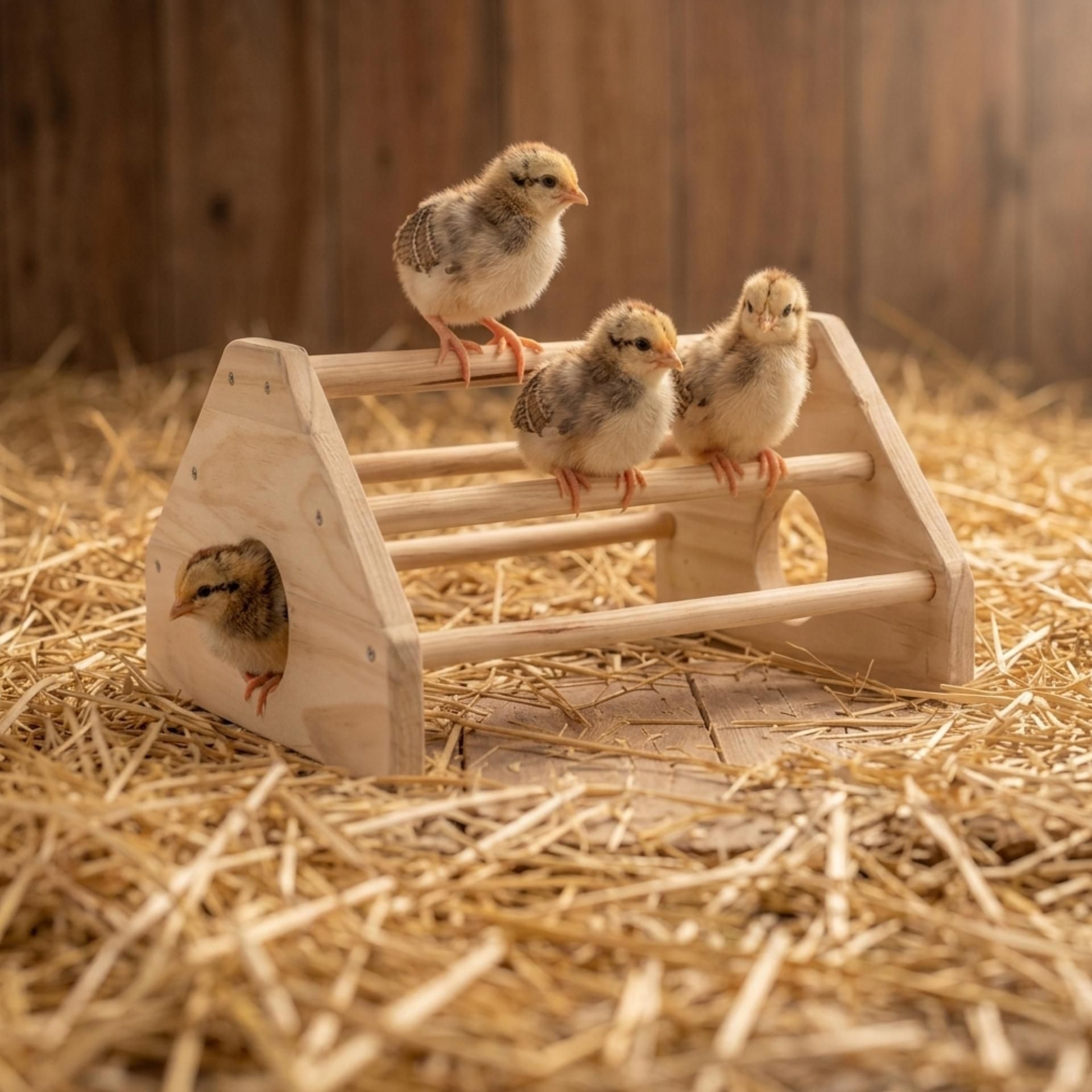 chicks, baby birds, wooden perch, straw bedding, poultry enclosure