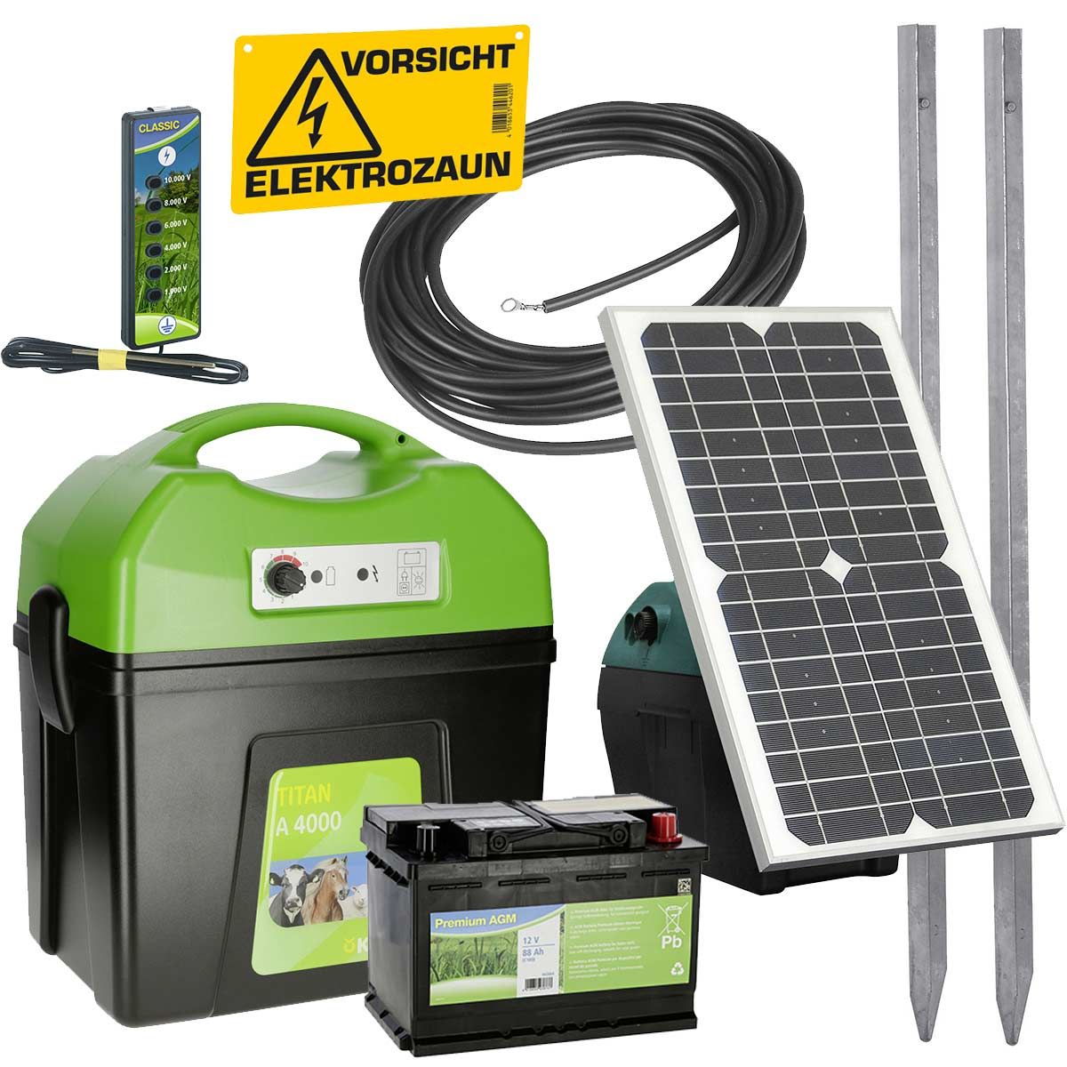 Weidezaun Komplett Set Solar TITAN B250 mit Akku, Band 1500 m und Tor