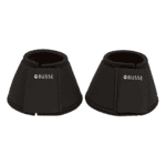 Zwei schwarze Hufglocken aus Neopren mit Klettverschluss, Markenlogo seitlich aufgedruckt