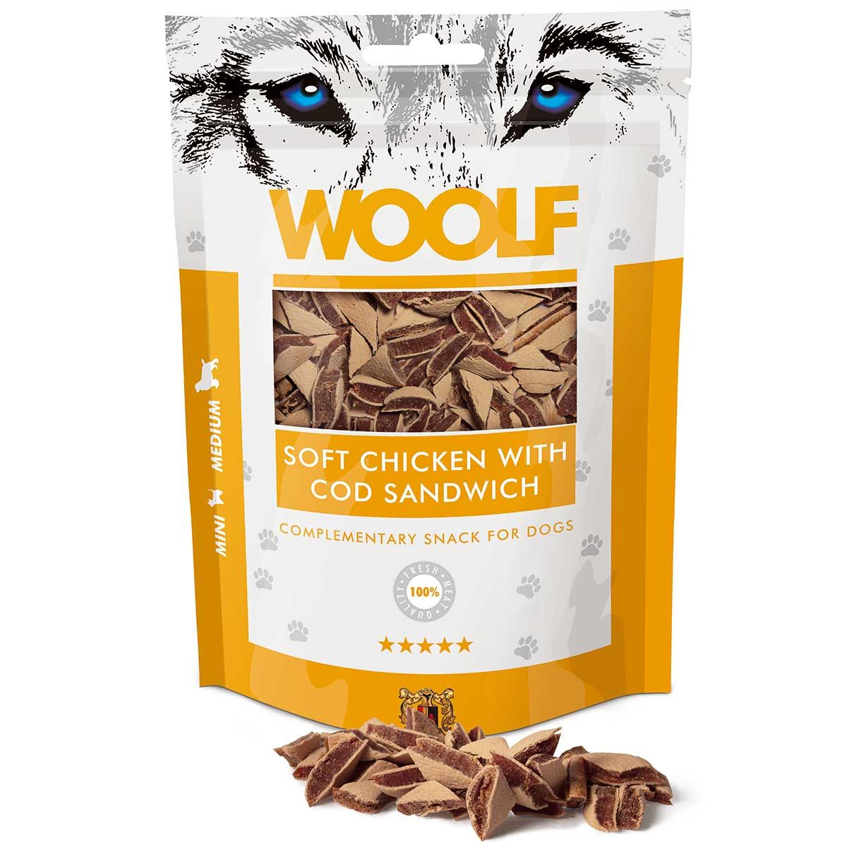 Woolf Hundeleckerli Sandwich au poulet et à la morue, emballage