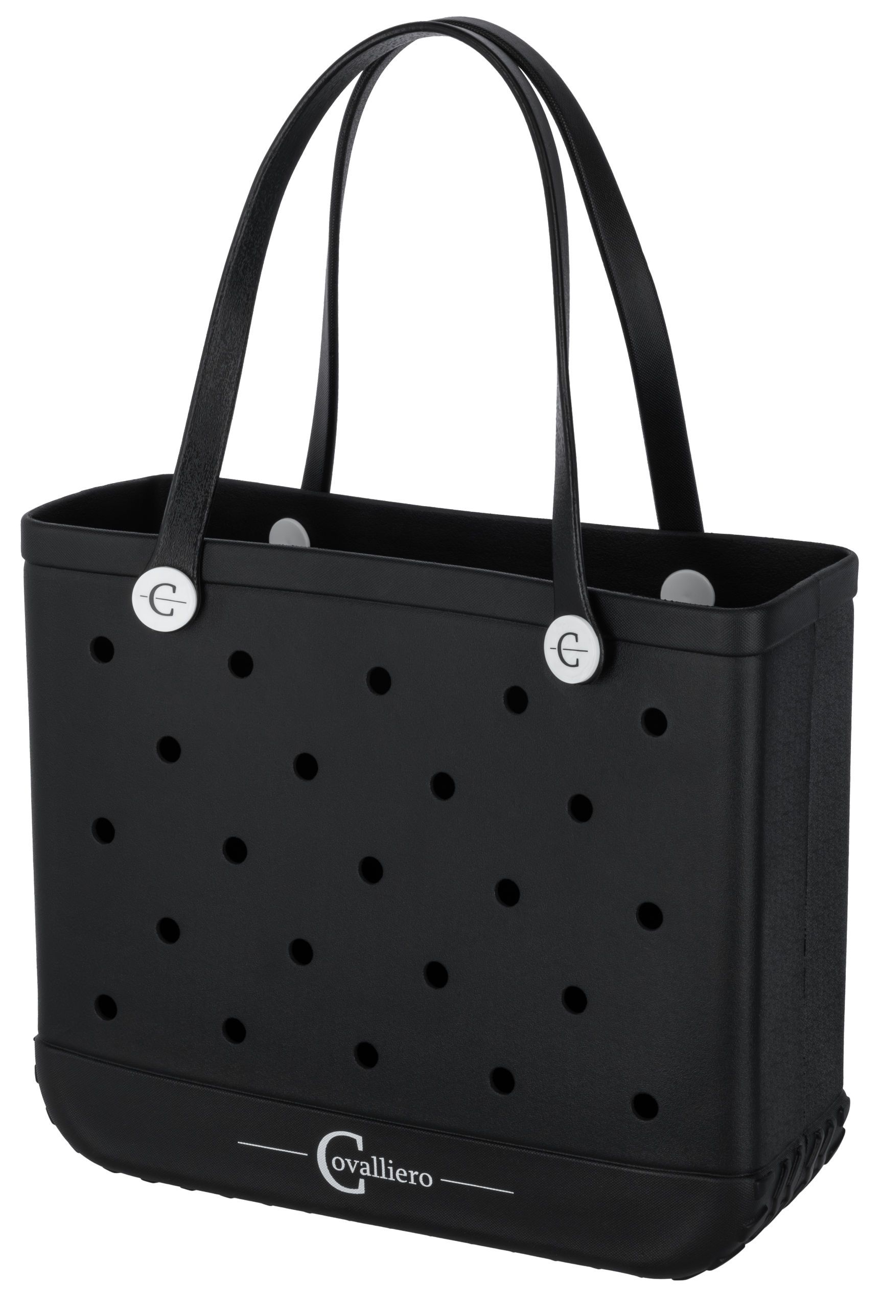 black tote, perforated, handbag, double handles, drainage holes