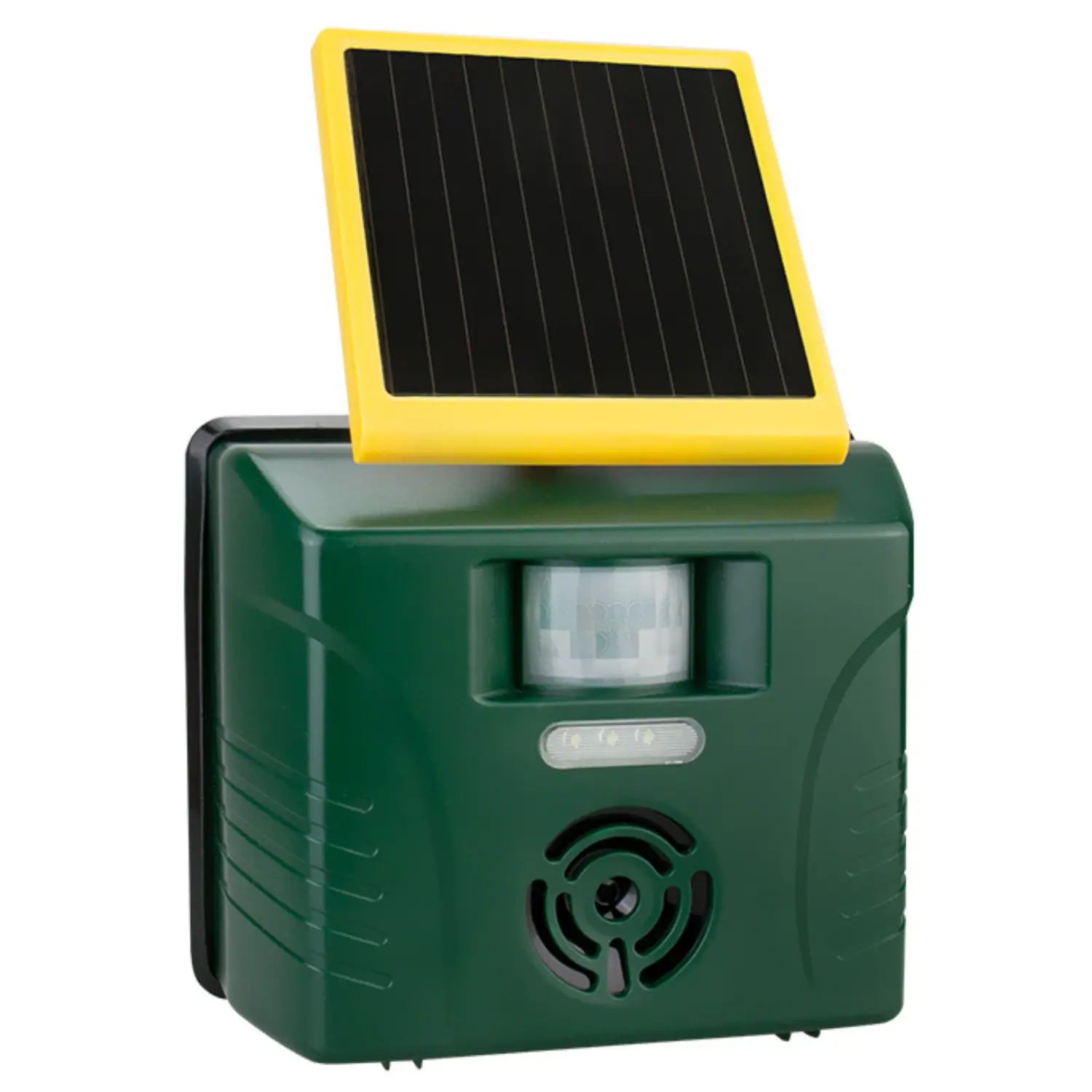 Agrarzone Repellente ad Ultrasuoni Solar Plus, sensore PIR e allarme, vista frontale, pannello solare